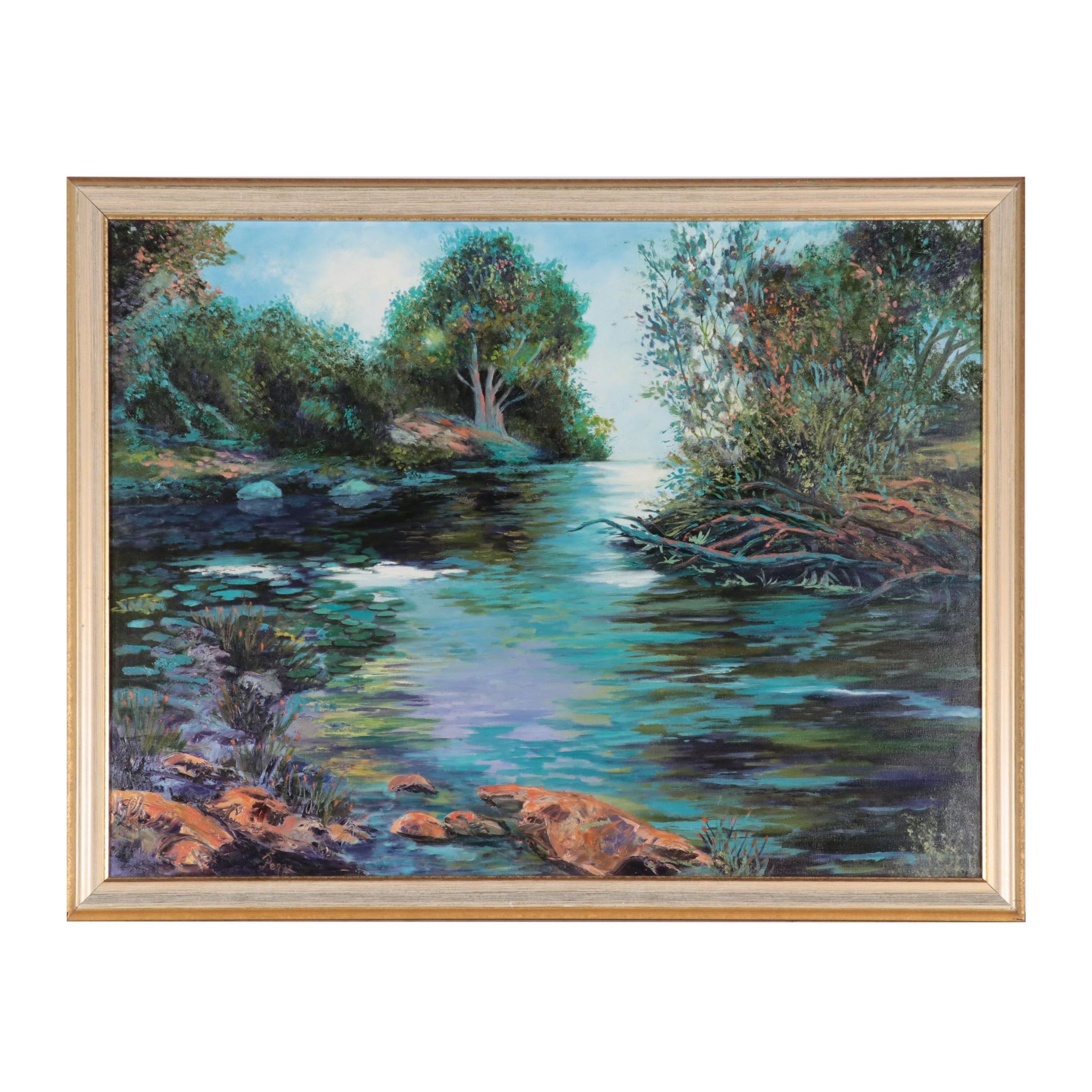 Peggy Oil Painting of Forest River, Late 20th Century