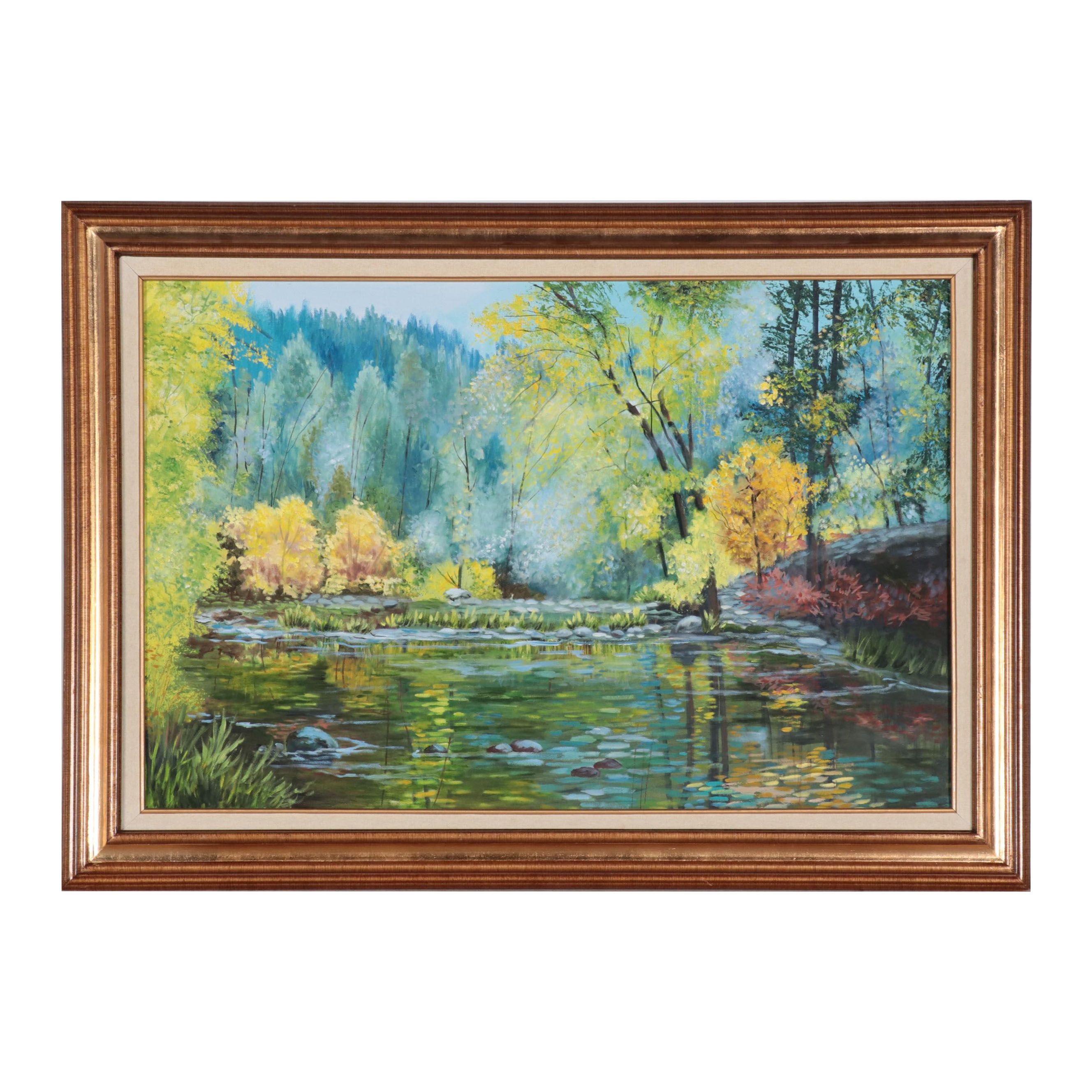 Oil Painting of Forest River, Late 20th Century