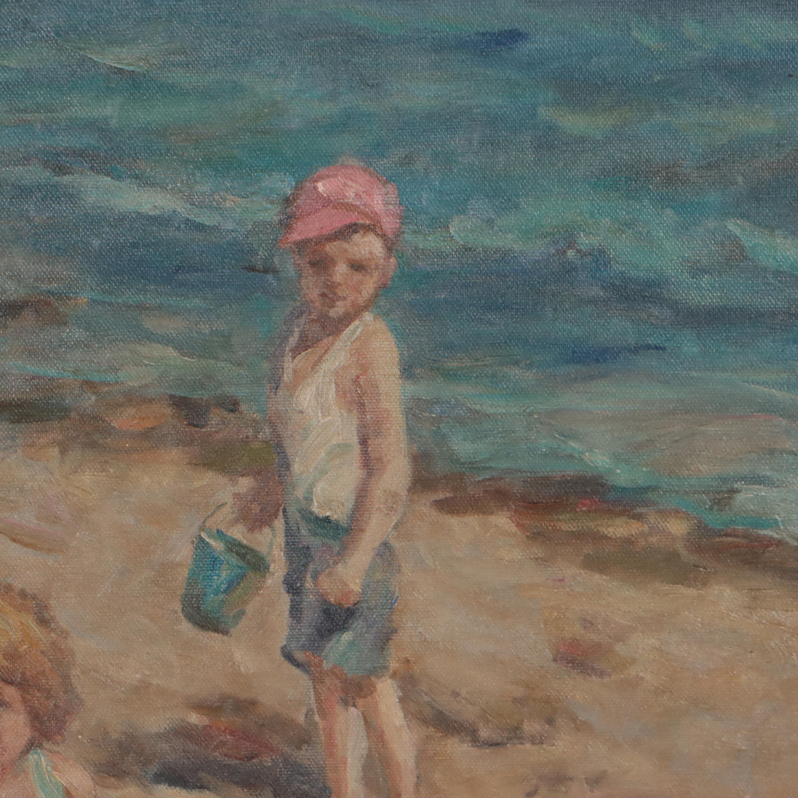 Romanus Oil Painting of Children Playing on the Beach, Late 20th Century