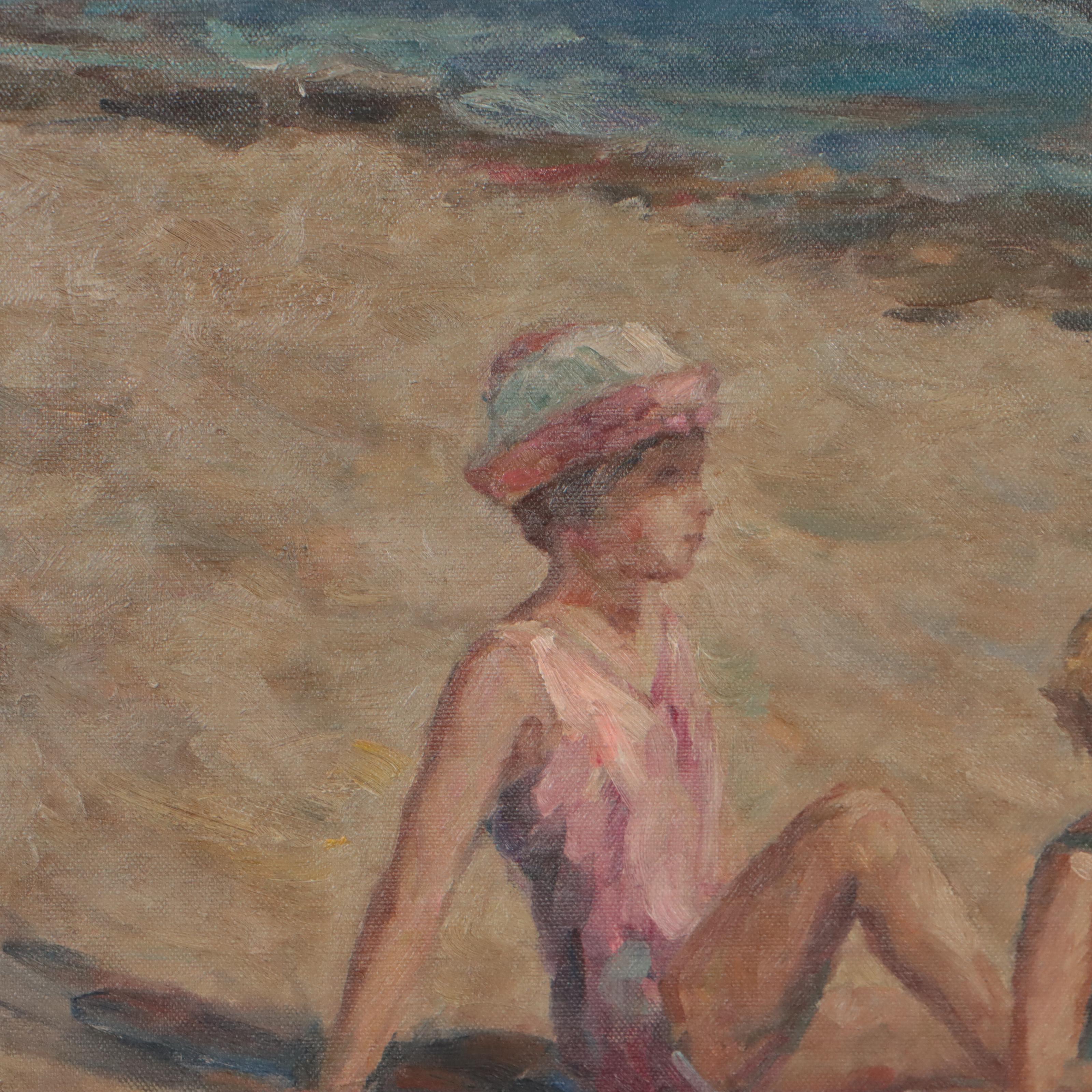Romanus Oil Painting of Children Playing on the Beach, Late 20th Century