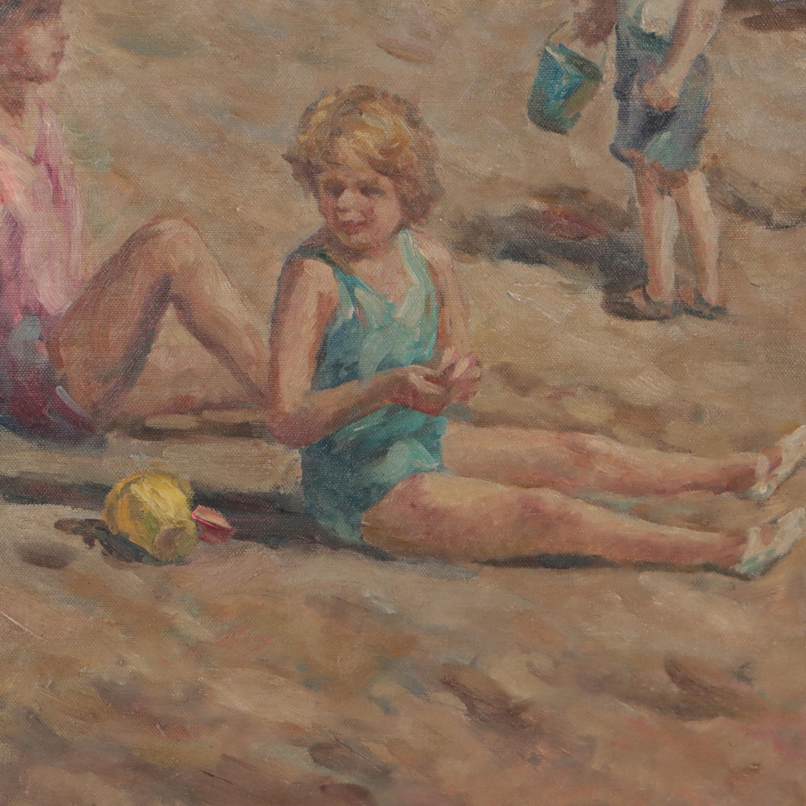 Romanus Oil Painting of Children Playing on the Beach, Late 20th Century