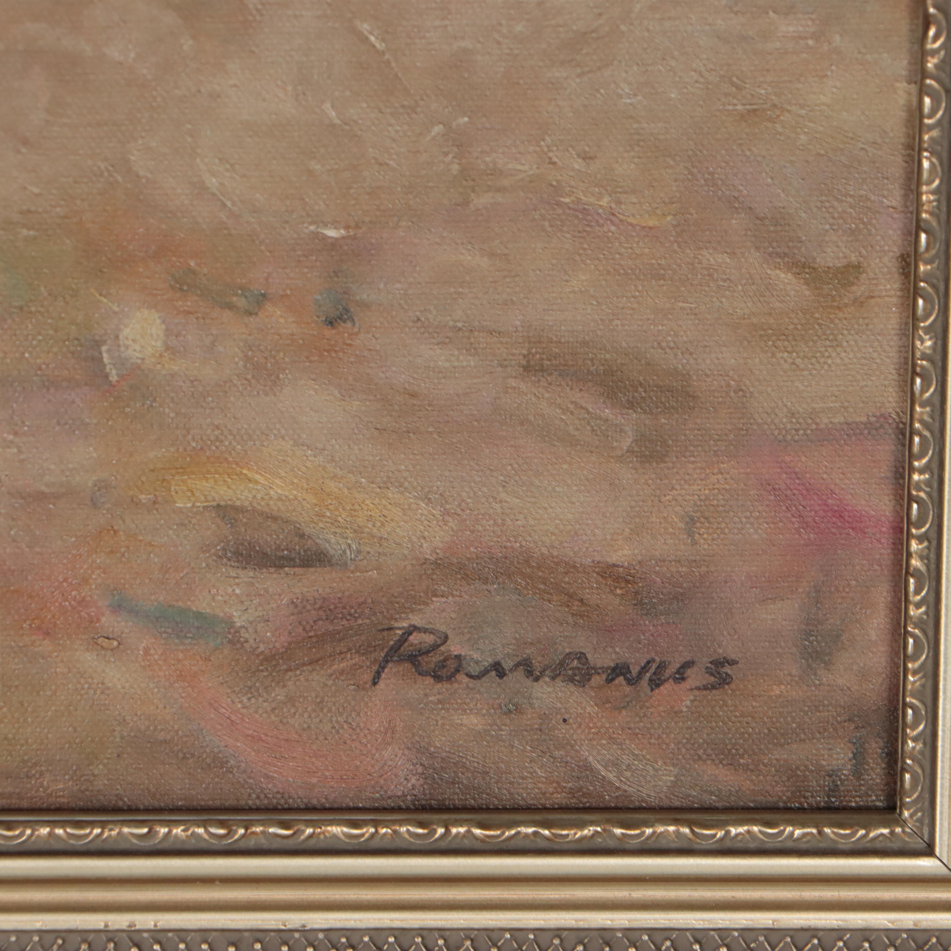 Romanus Oil Painting of Children Playing on the Beach, Late 20th Century