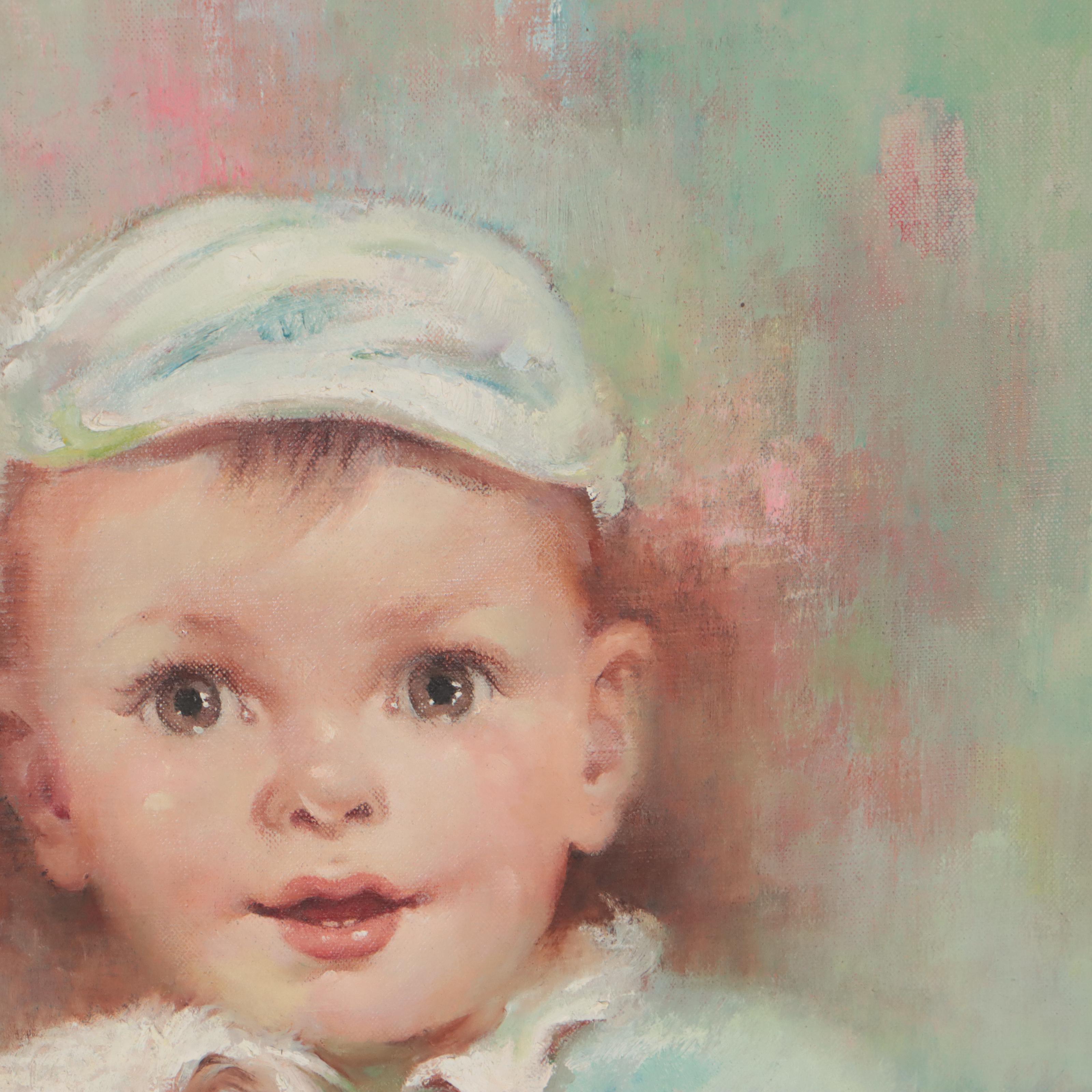 Florence Kroger Portrait Oil Painting of Infant and Puppy