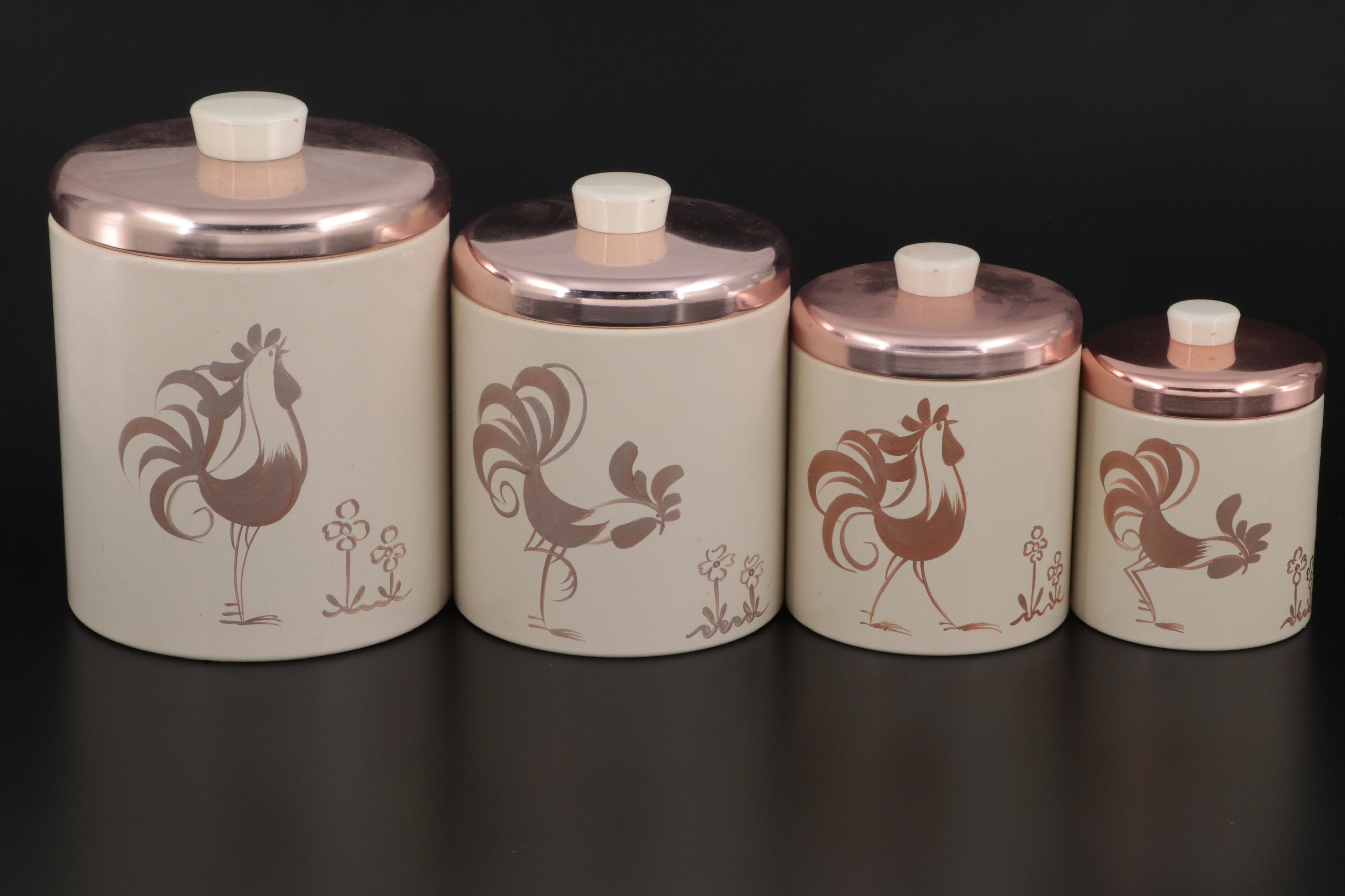 Ransburg Enameled Tin Rooster Pattern Graduated Kitchen Canister Set
