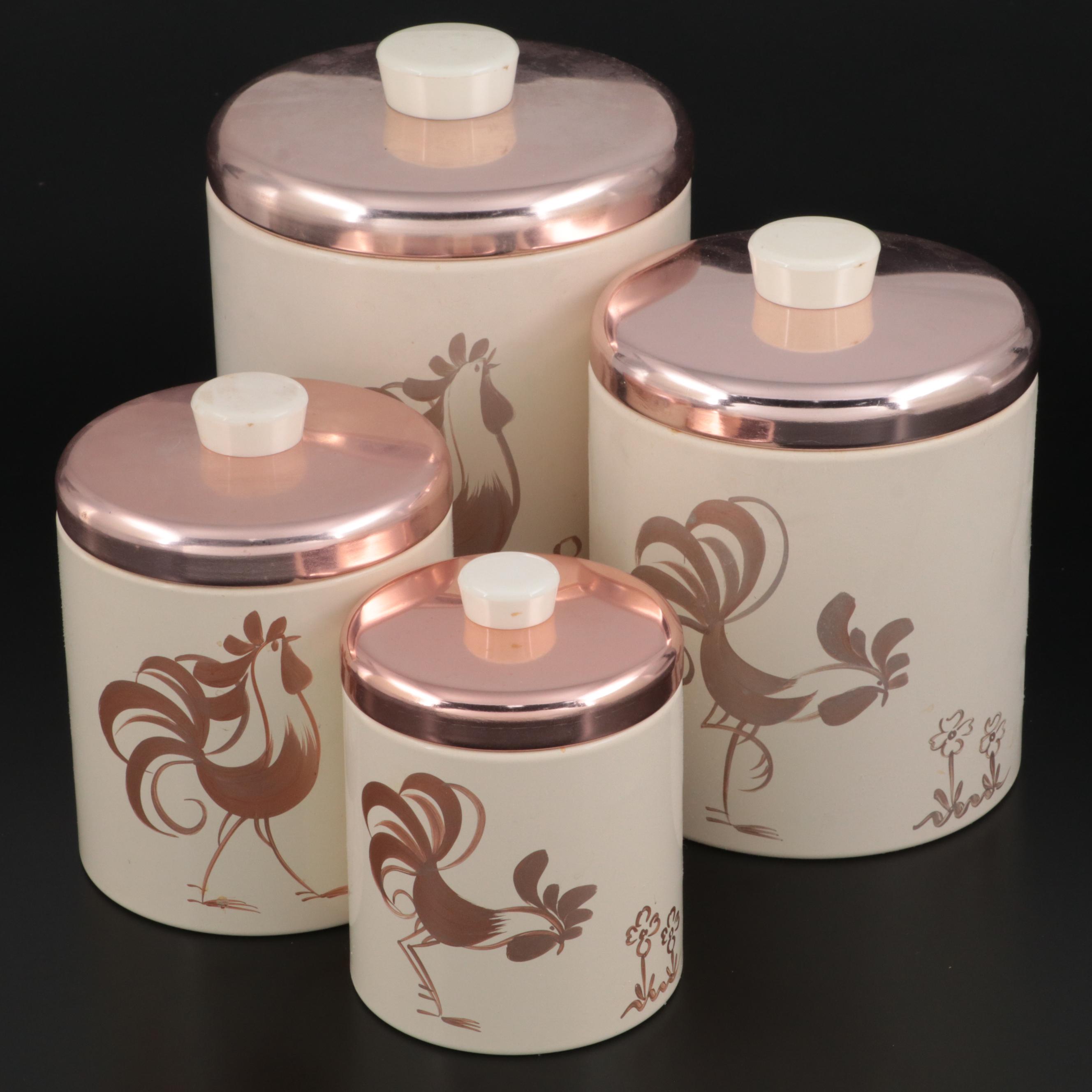 Ransburg Enameled Tin Rooster Pattern Graduated Kitchen Canister Set