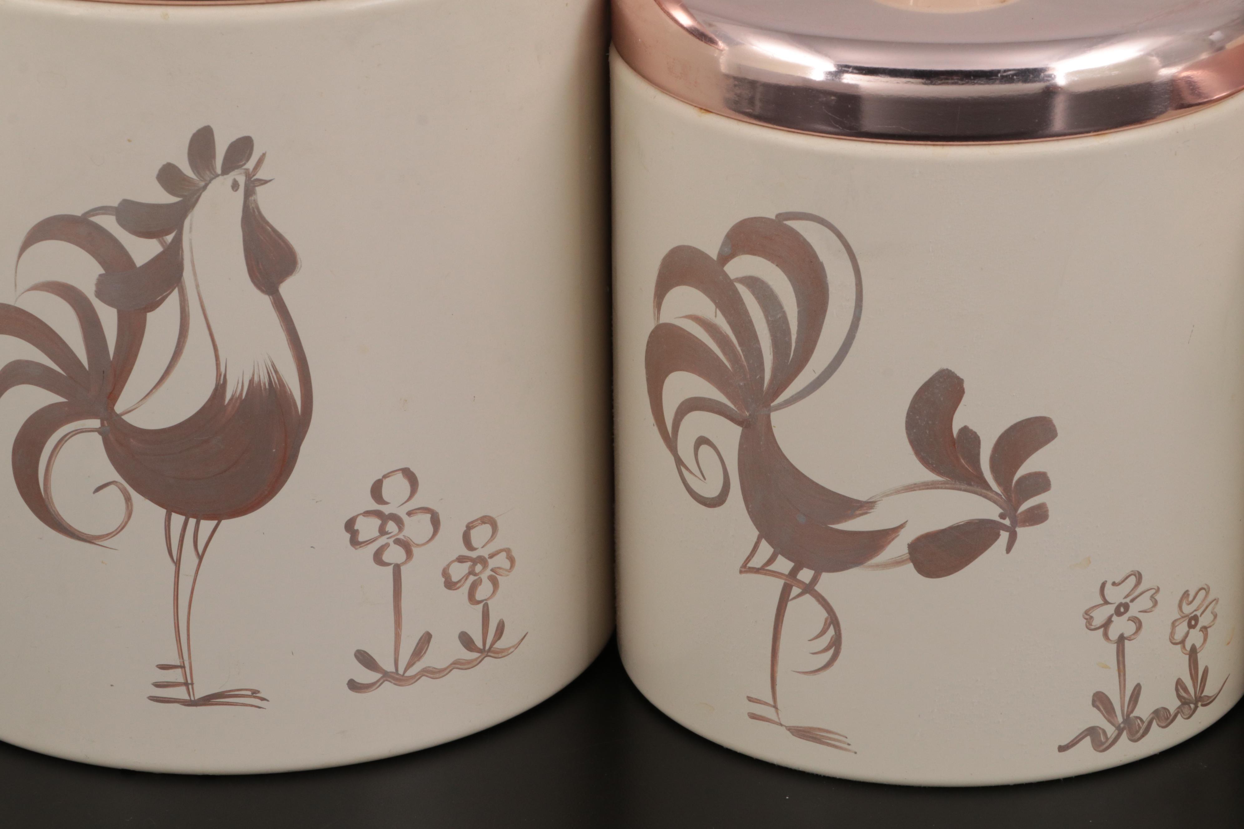 Ransburg Enameled Tin Rooster Pattern Graduated Kitchen Canister Set