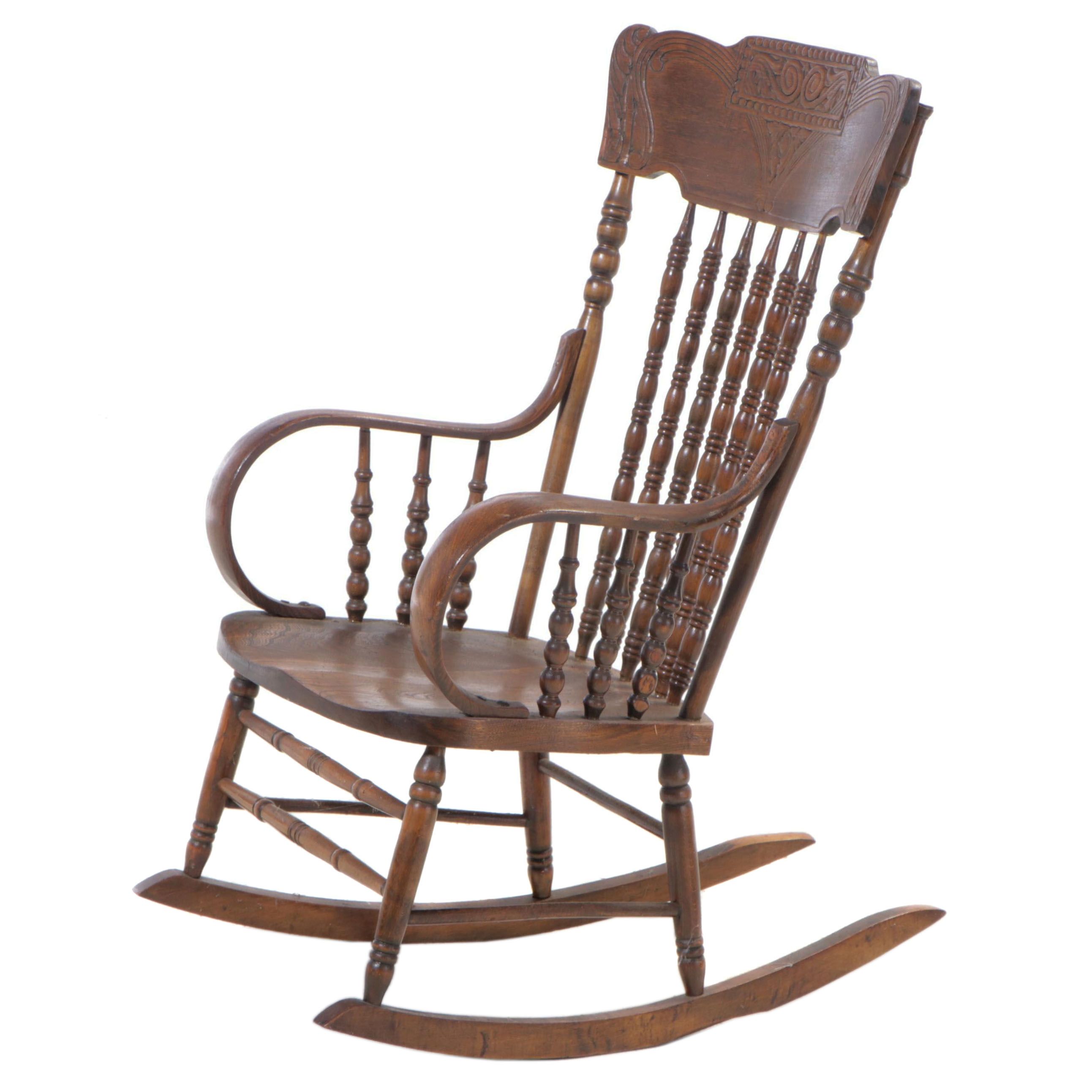 Late Victorian Ash Pressed and Spindle-Back Rocker, Late 19th/Early 20th Century