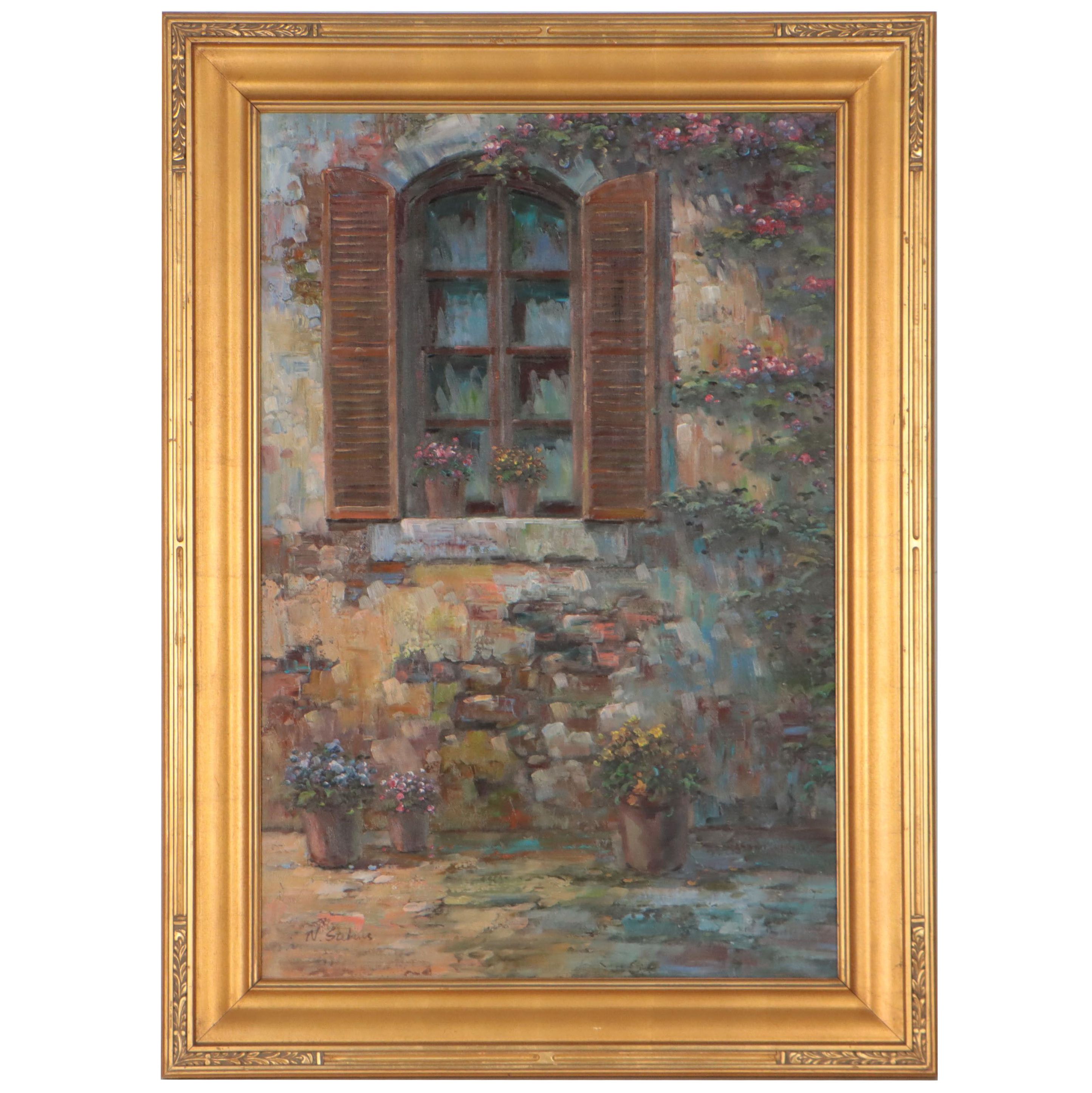 N. Stebins Oil Painting of Window and Potted Flowers, Late 20th Century