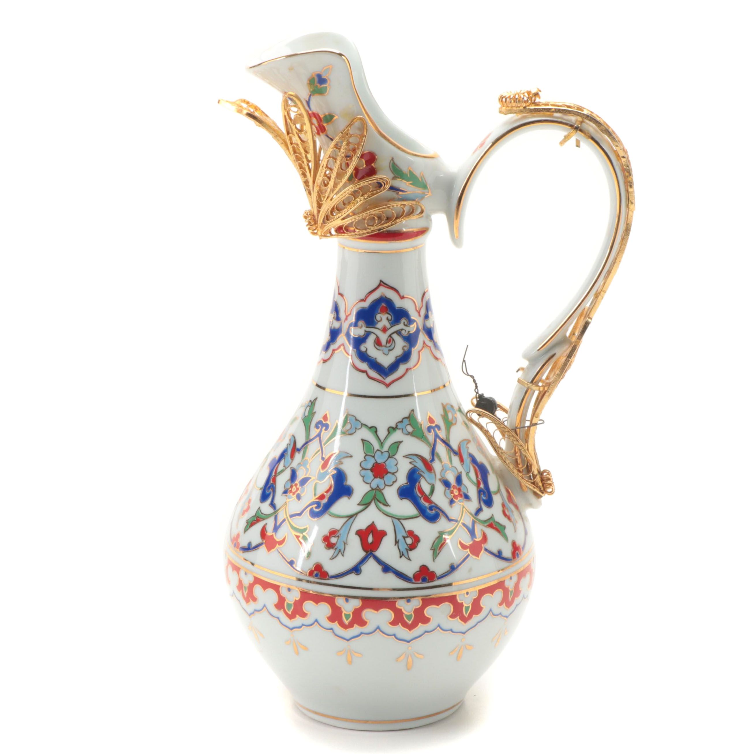 Hand-Painted Dresden Porcelain Ewer with Gilt Filigree Mounts