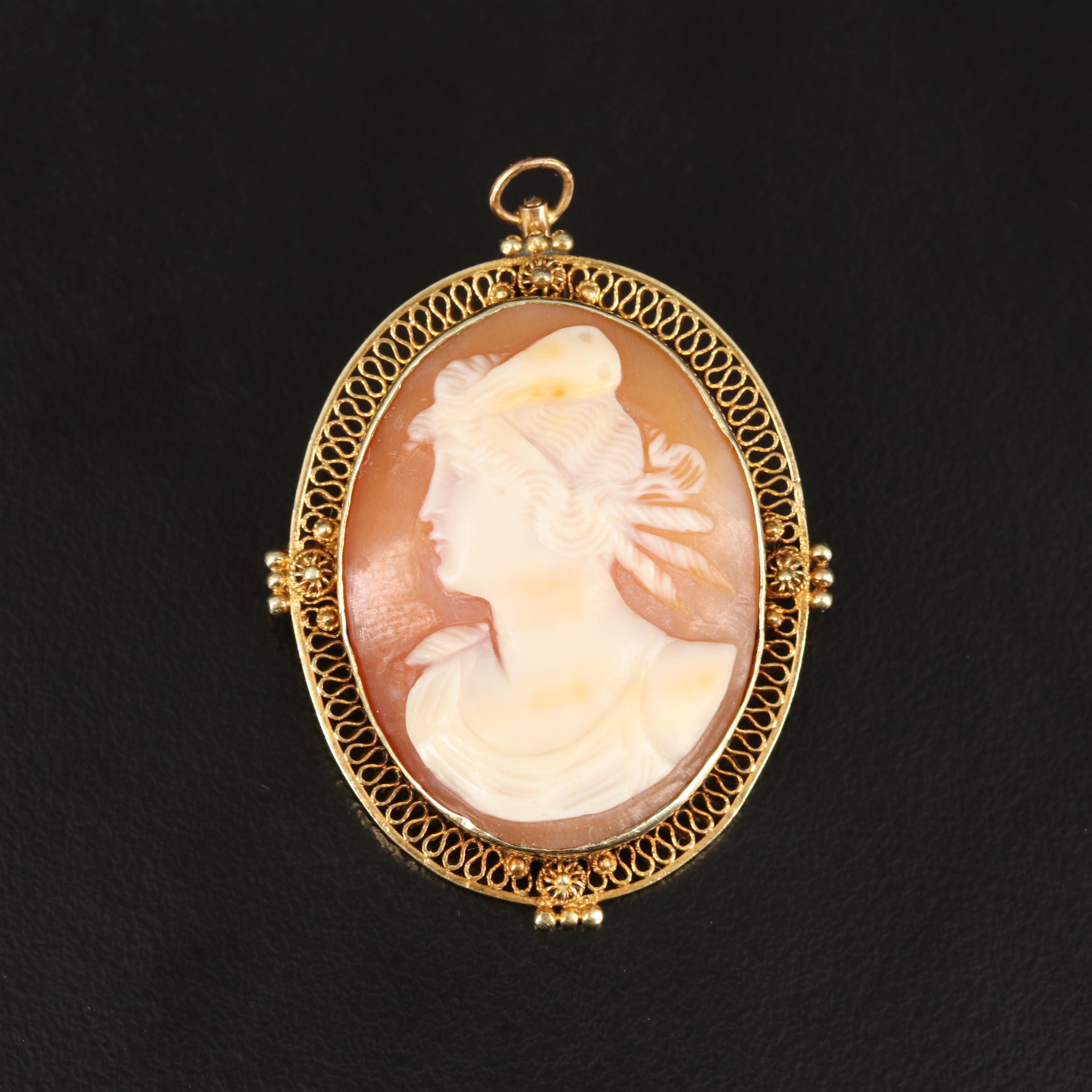 Antique 14K Shell Cameo Brooch with Filigree and Cannetille Detail