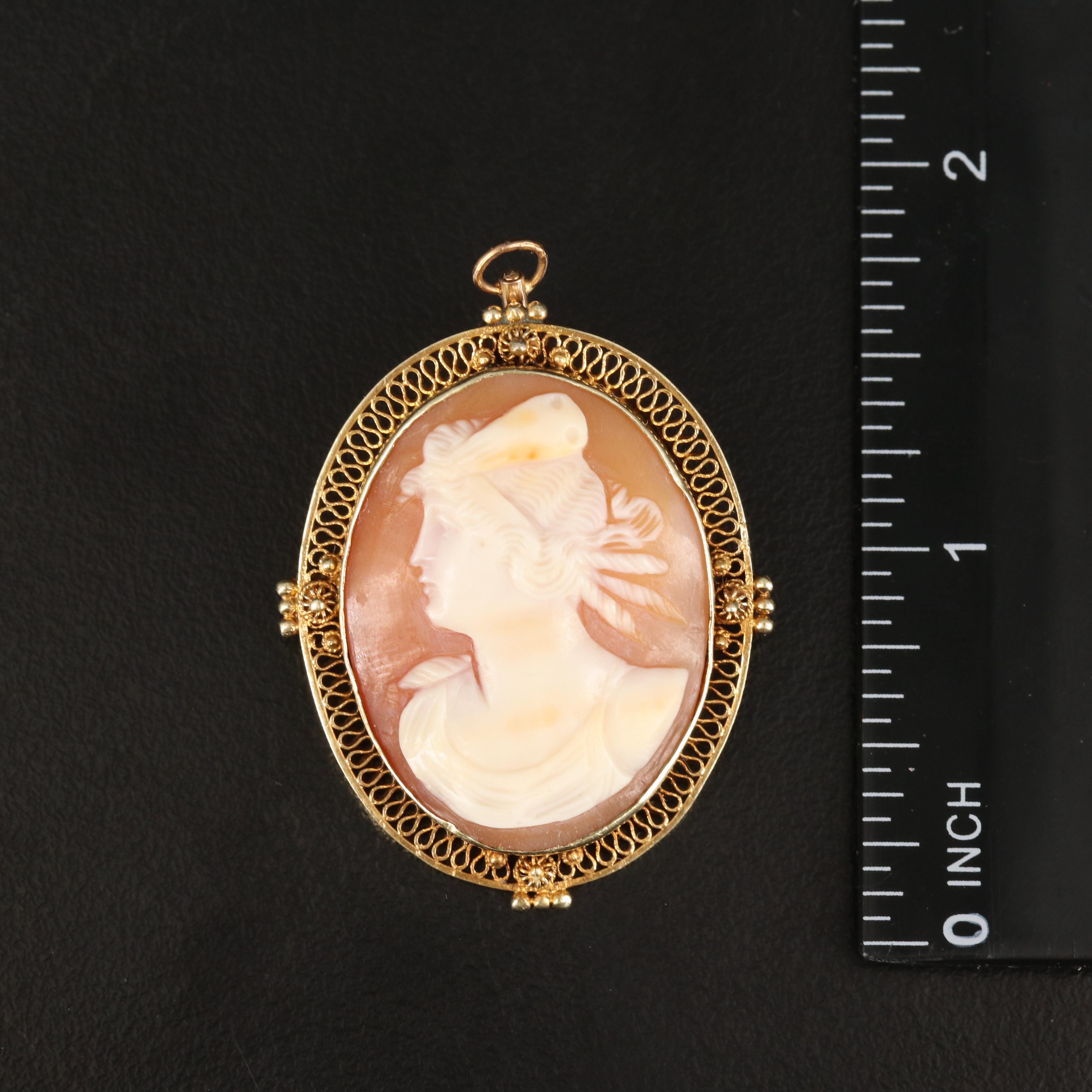 Antique 14K Shell Cameo Brooch with Filigree and Cannetille Detail