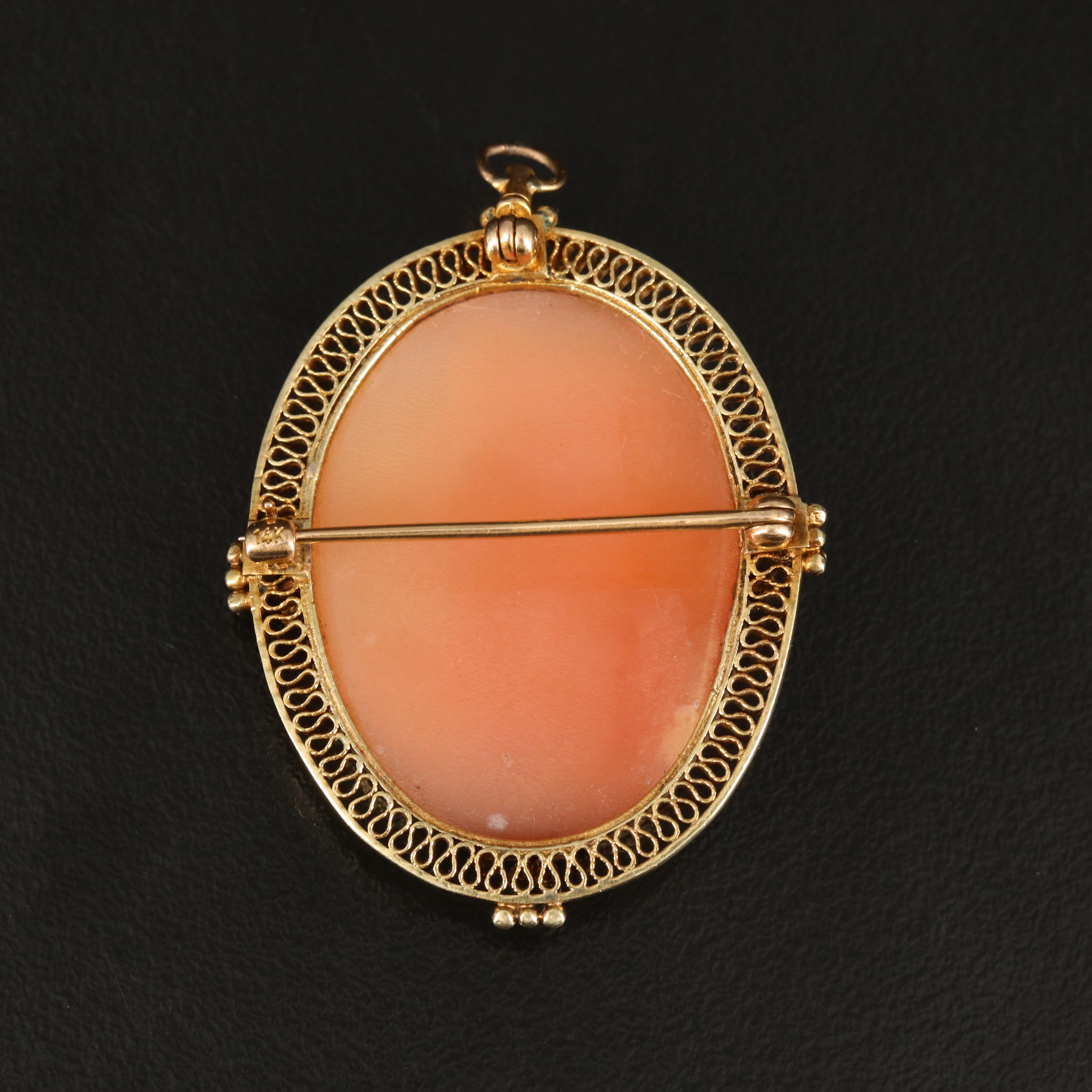 Antique 14K Shell Cameo Brooch with Filigree and Cannetille Detail