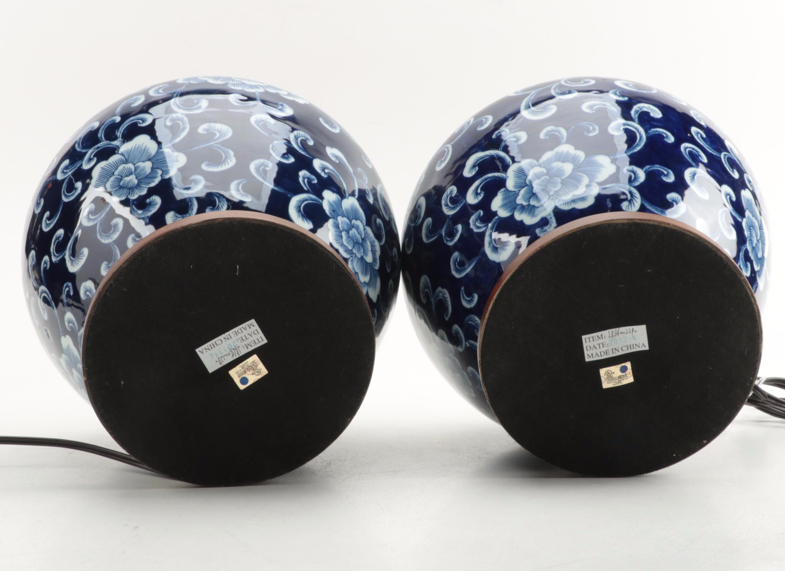 Pair of Ralph Lauren Blue and White Peony Floral Porcelain Table Lamps