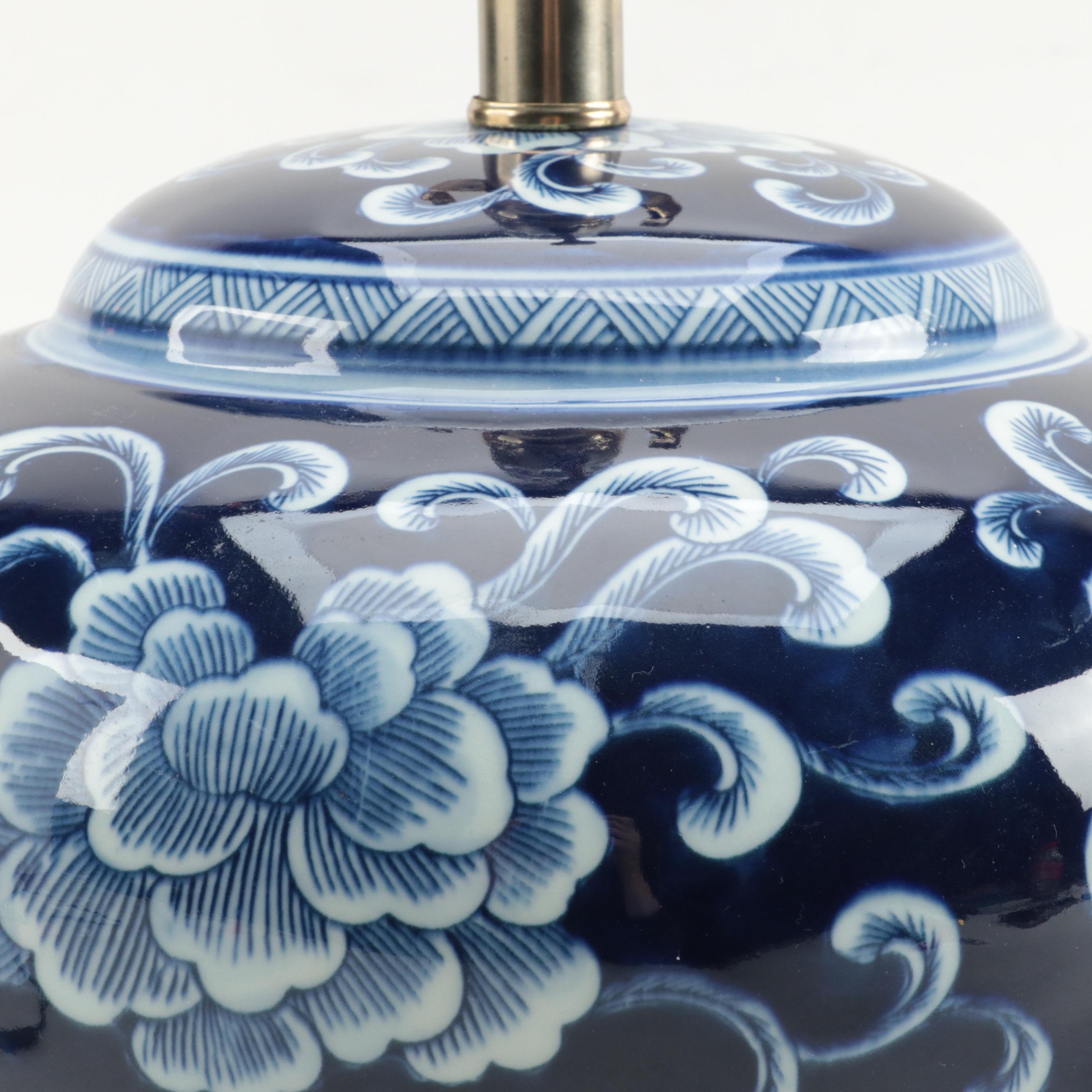 Pair of Ralph Lauren Blue and White Peony Floral Porcelain Table Lamps