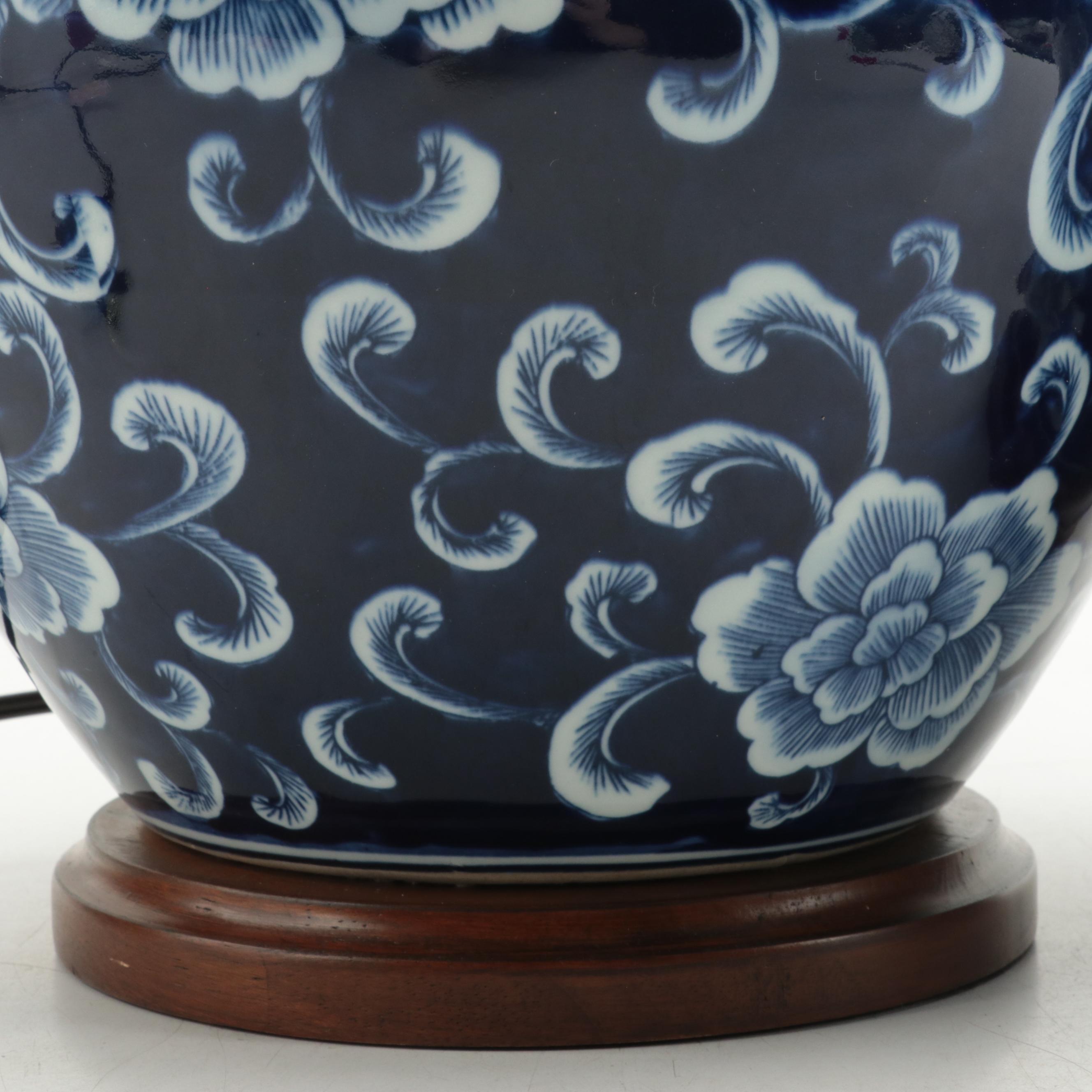 Pair of Ralph Lauren Blue and White Peony Floral Porcelain Table Lamps