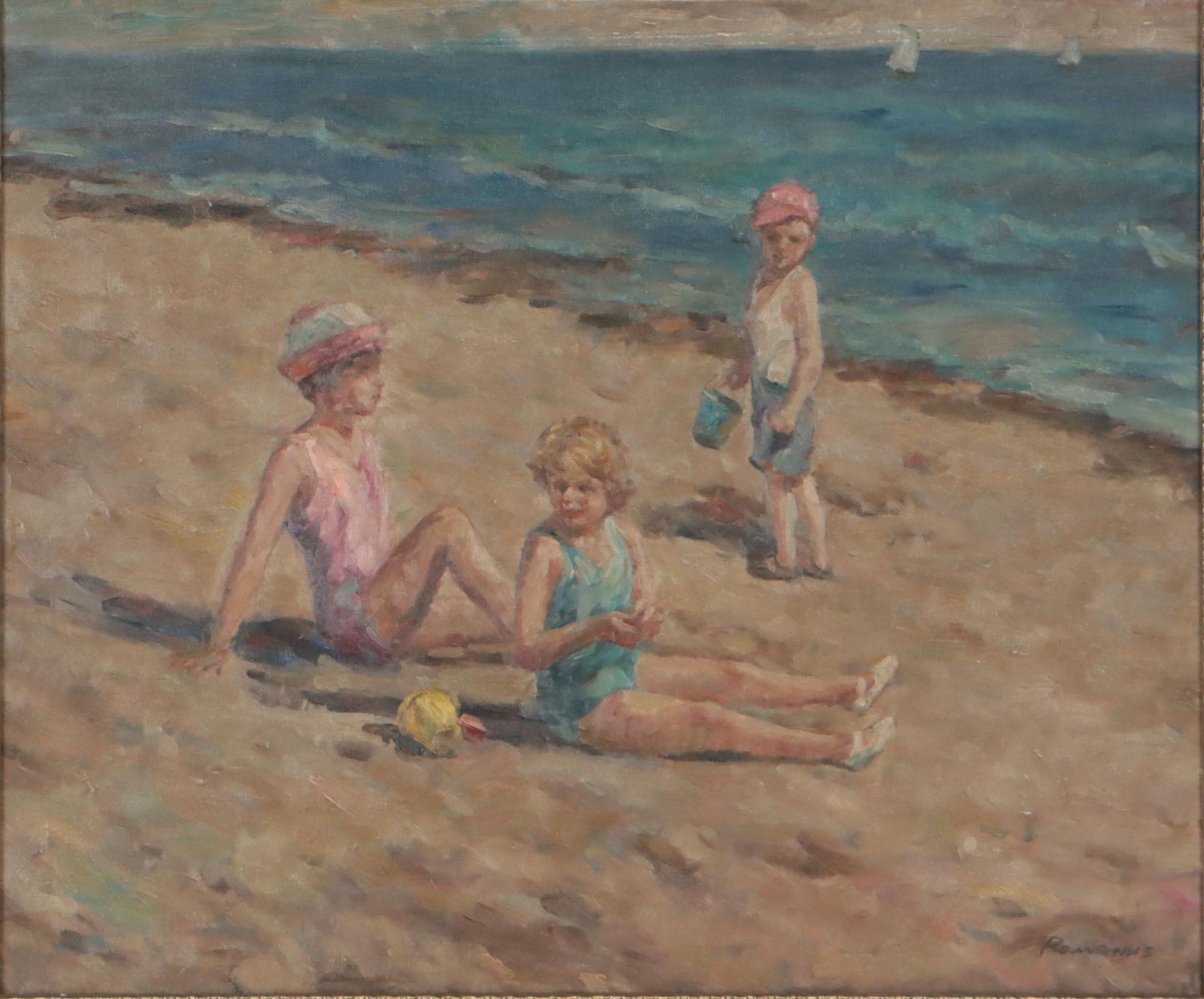Romanus Oil Painting of Children Playing on the Beach, Late 20th Century