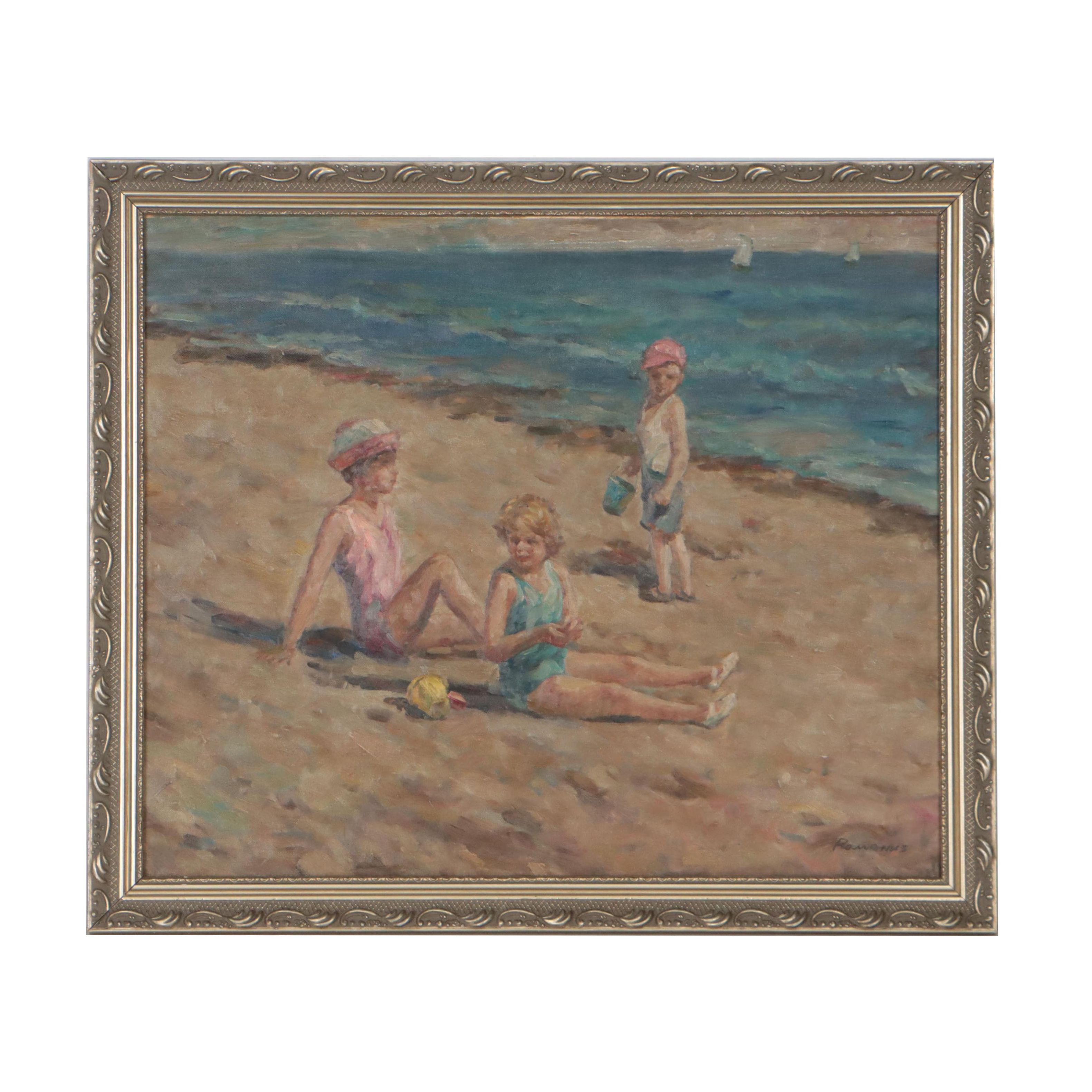 Romanus Oil Painting of Children Playing on the Beach, Late 20th Century