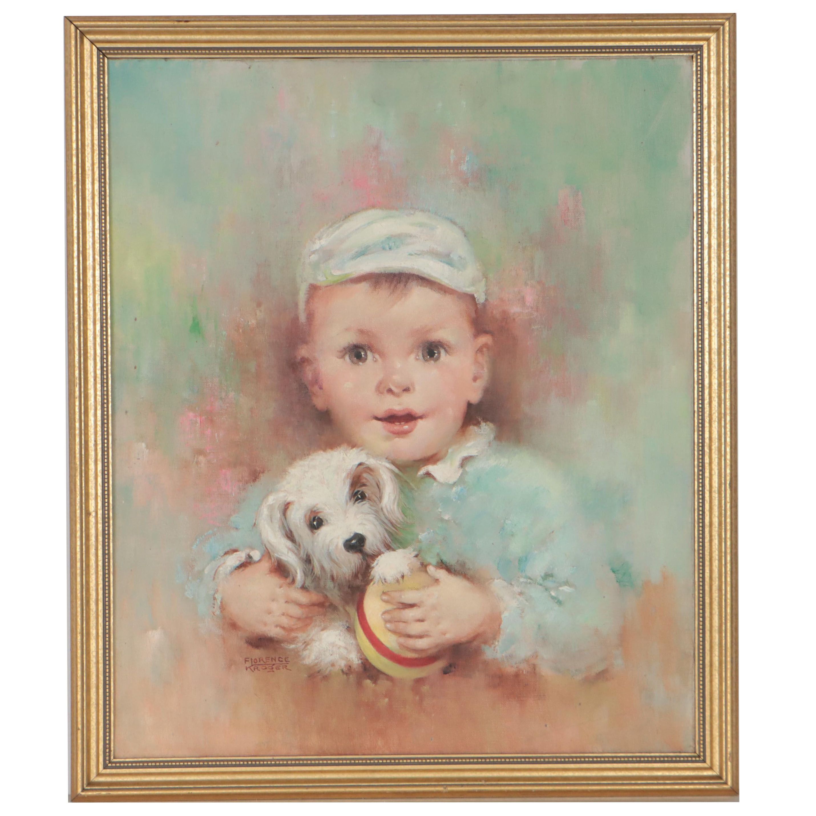 Florence Kroger Portrait Oil Painting of Infant and Puppy