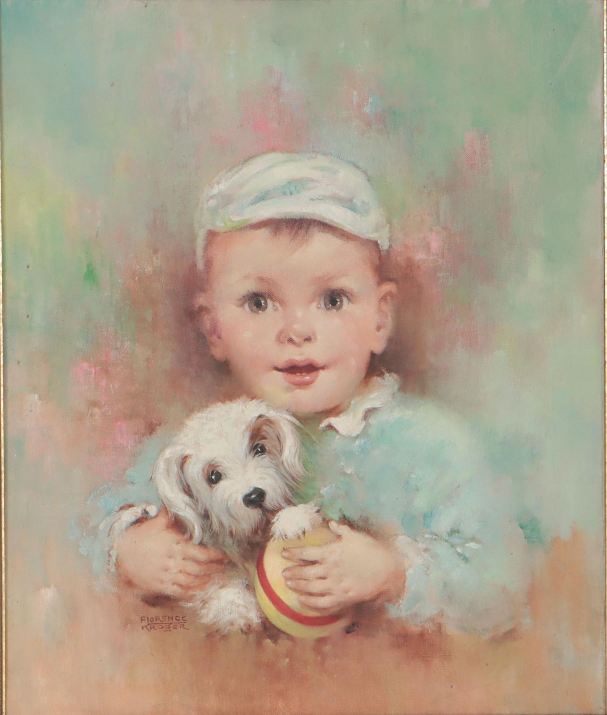 Florence Kroger Portrait Oil Painting of Infant and Puppy
