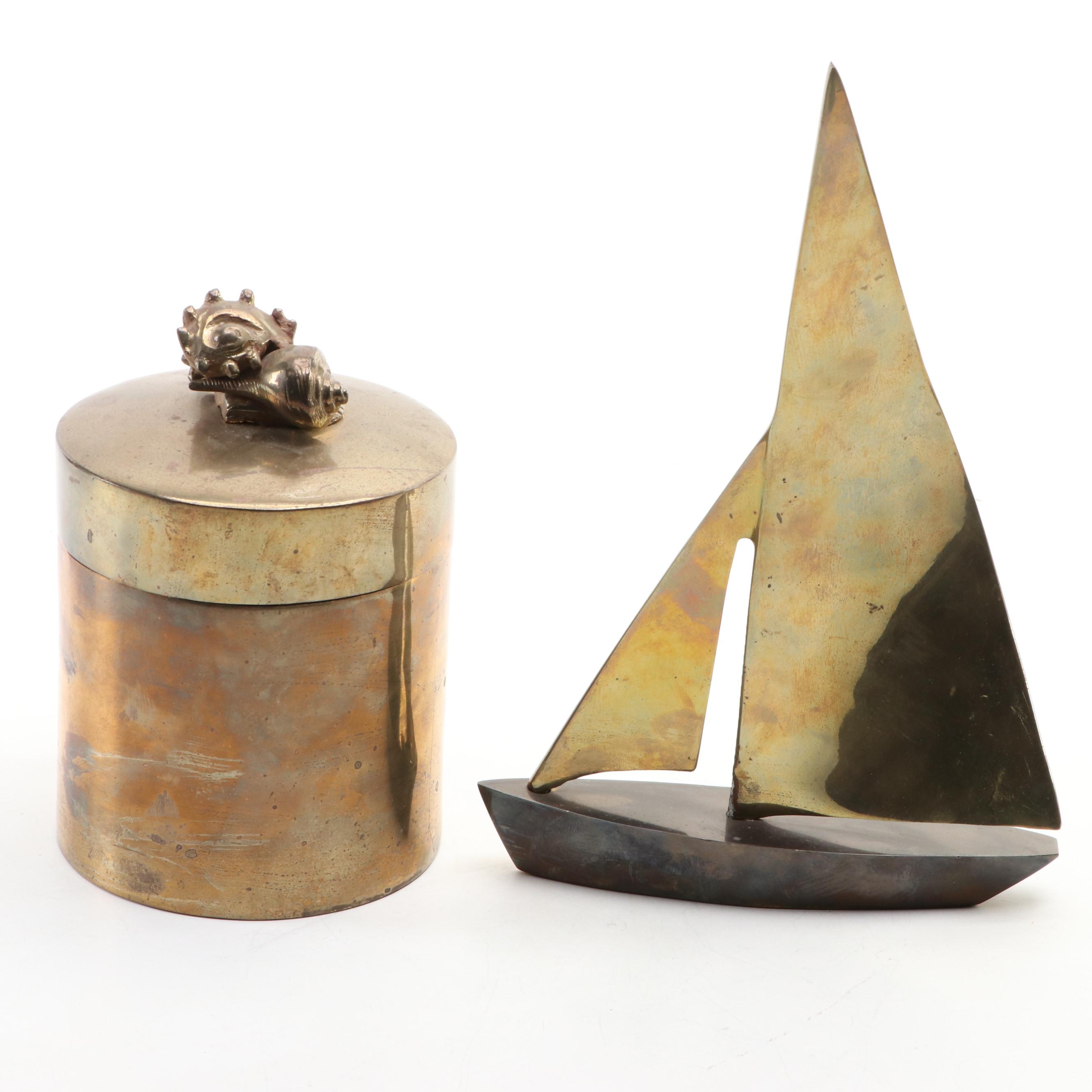 L'Objet Black Swan Bowl with Brass Andrea by Sadek Lidded Box and Other Sailboat