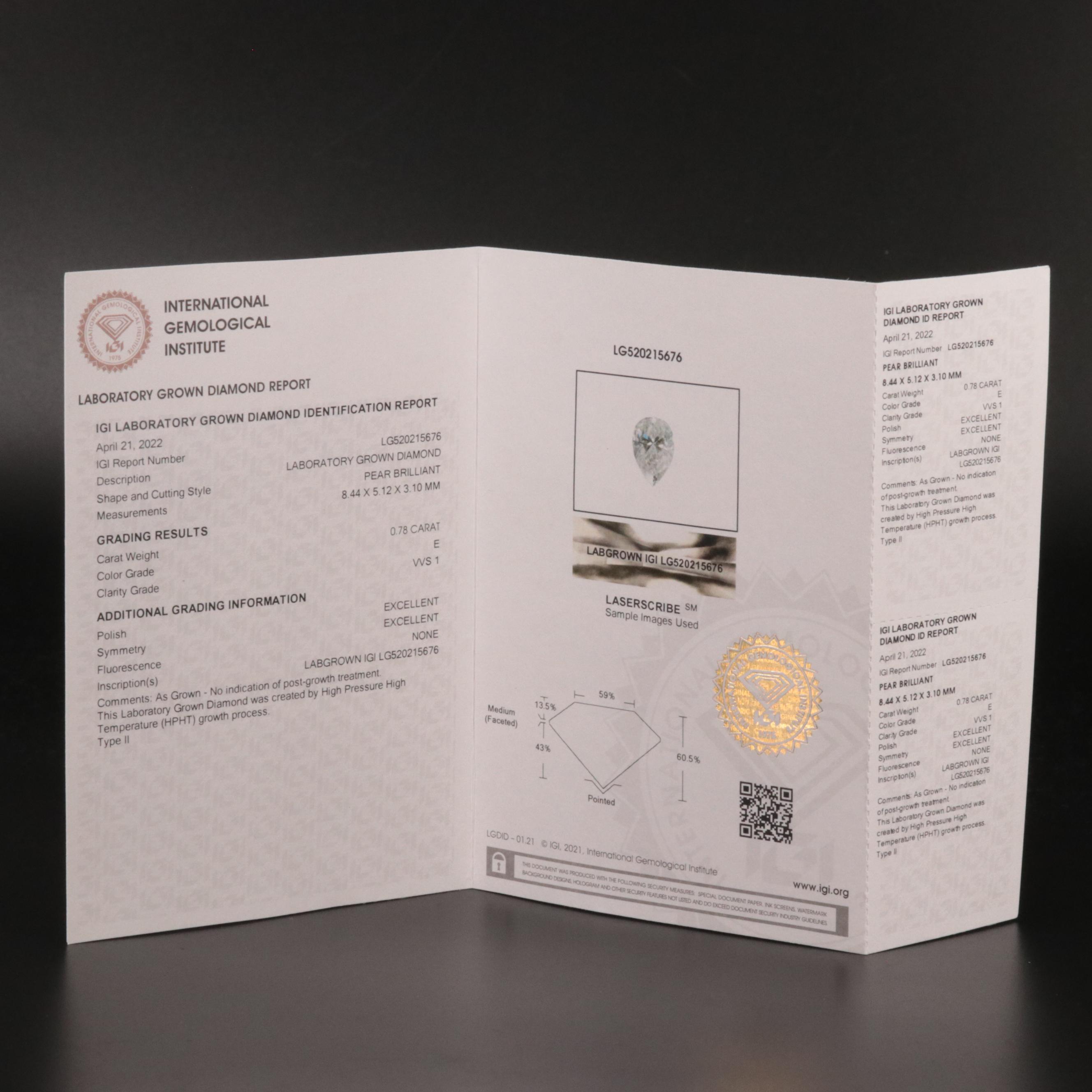 Loose 0.78 CT Lab Grown Diamond with IGI Report