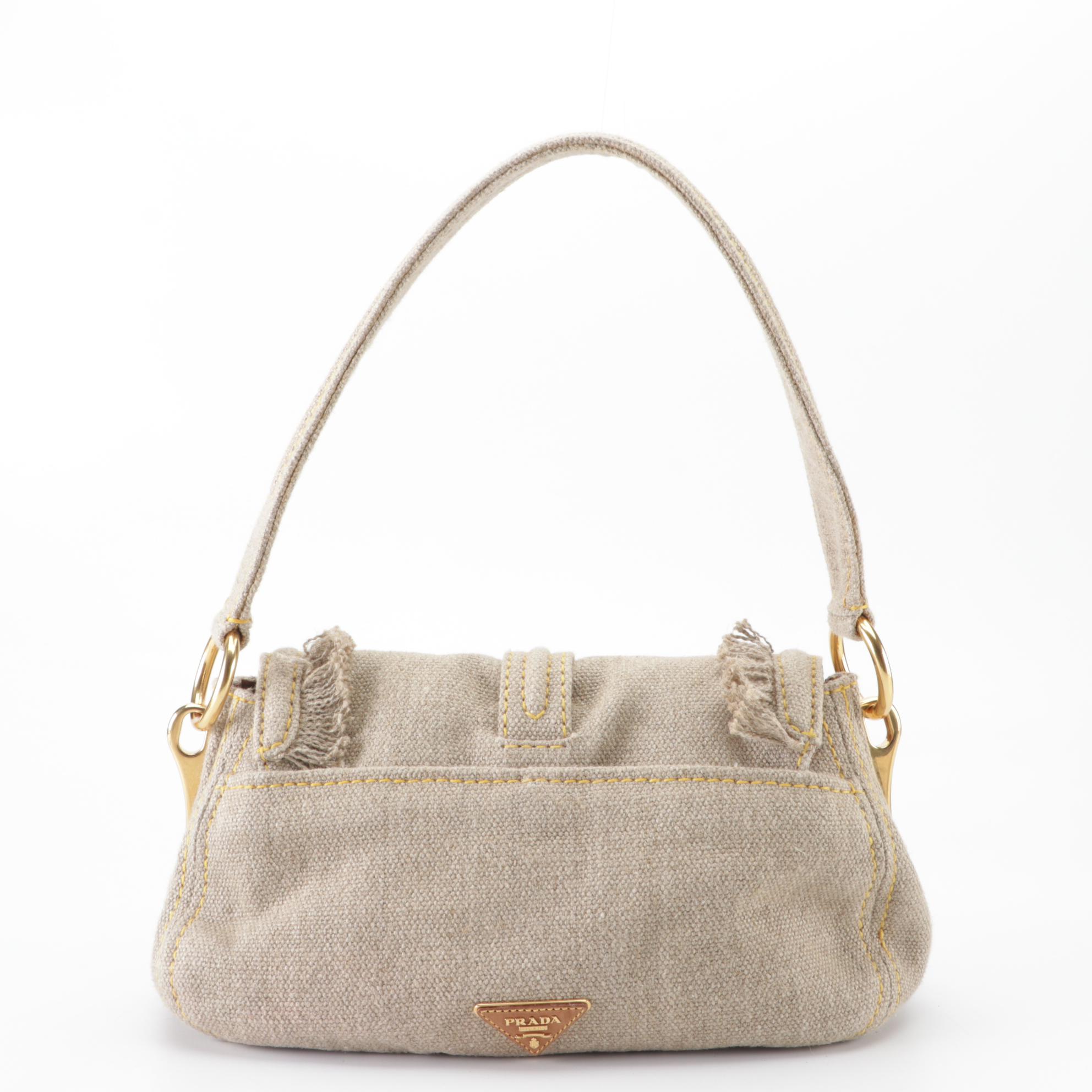 Prada Medium Flap Shoulder Bag in Fringed Linen Canvas