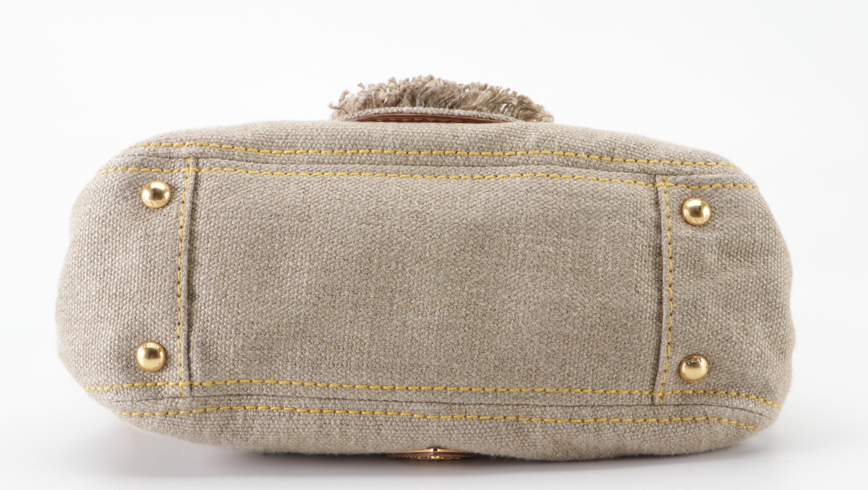 Prada Medium Flap Shoulder Bag in Fringed Linen Canvas