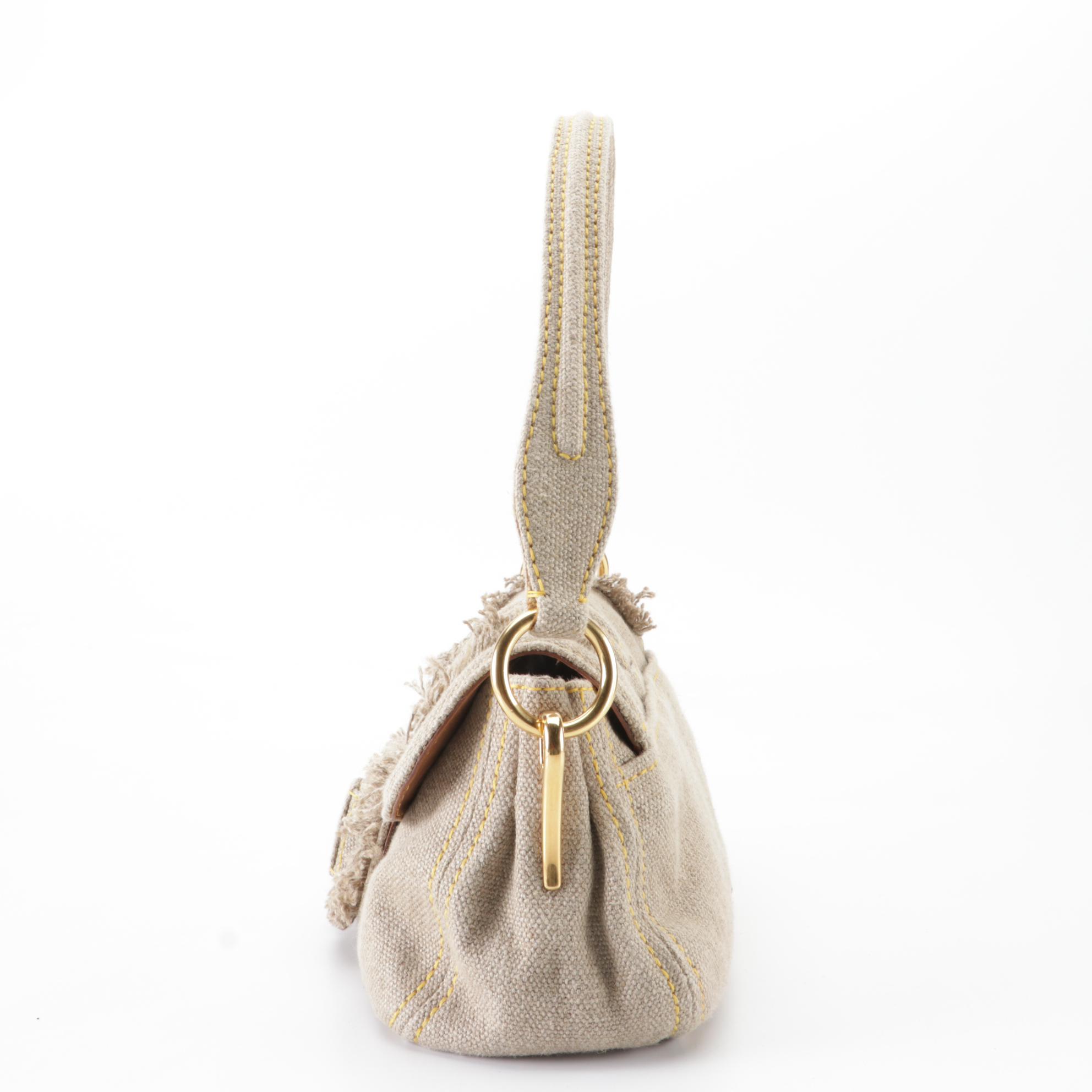 Prada Medium Flap Shoulder Bag in Fringed Linen Canvas
