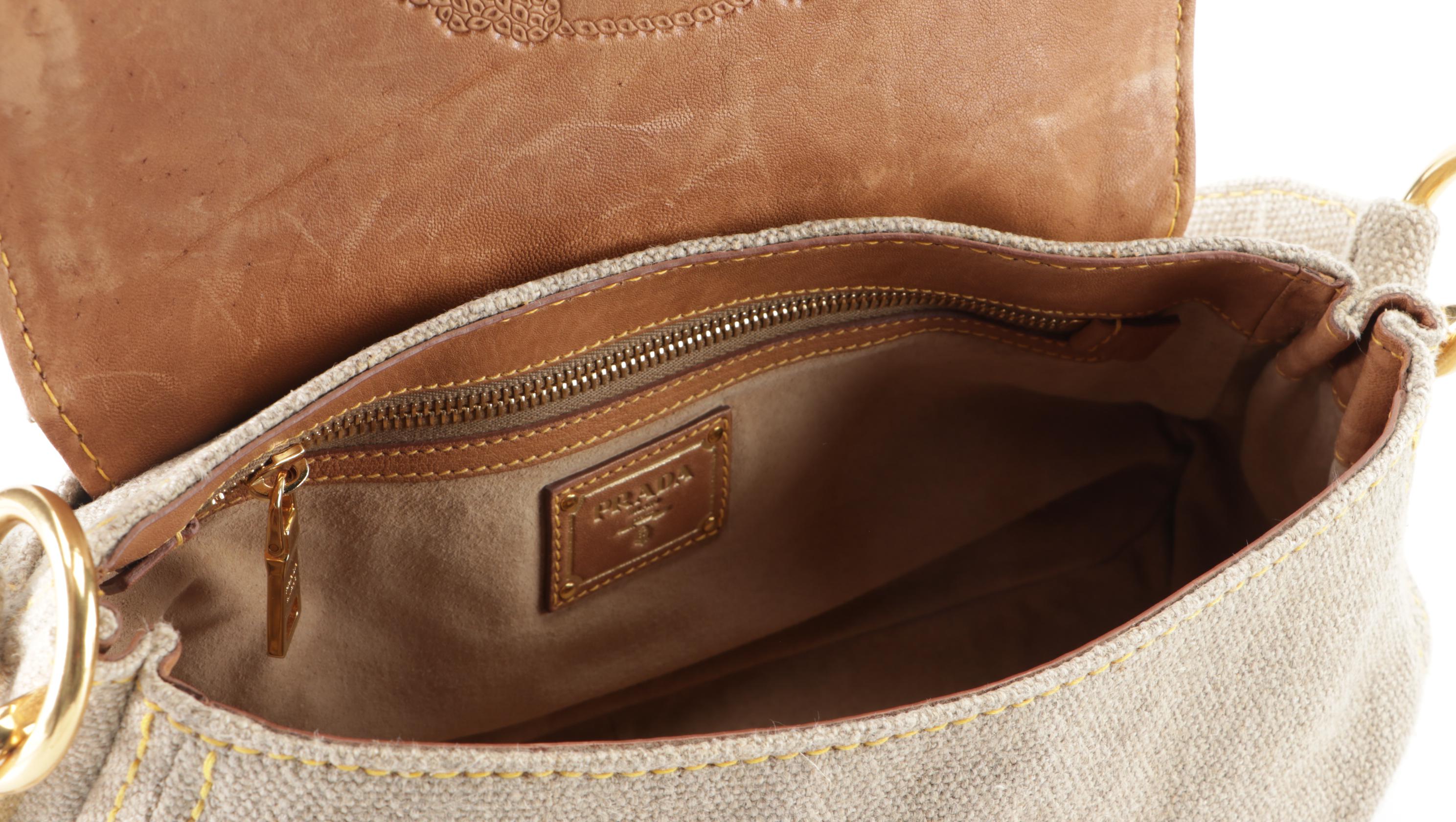 Prada Medium Flap Shoulder Bag in Fringed Linen Canvas