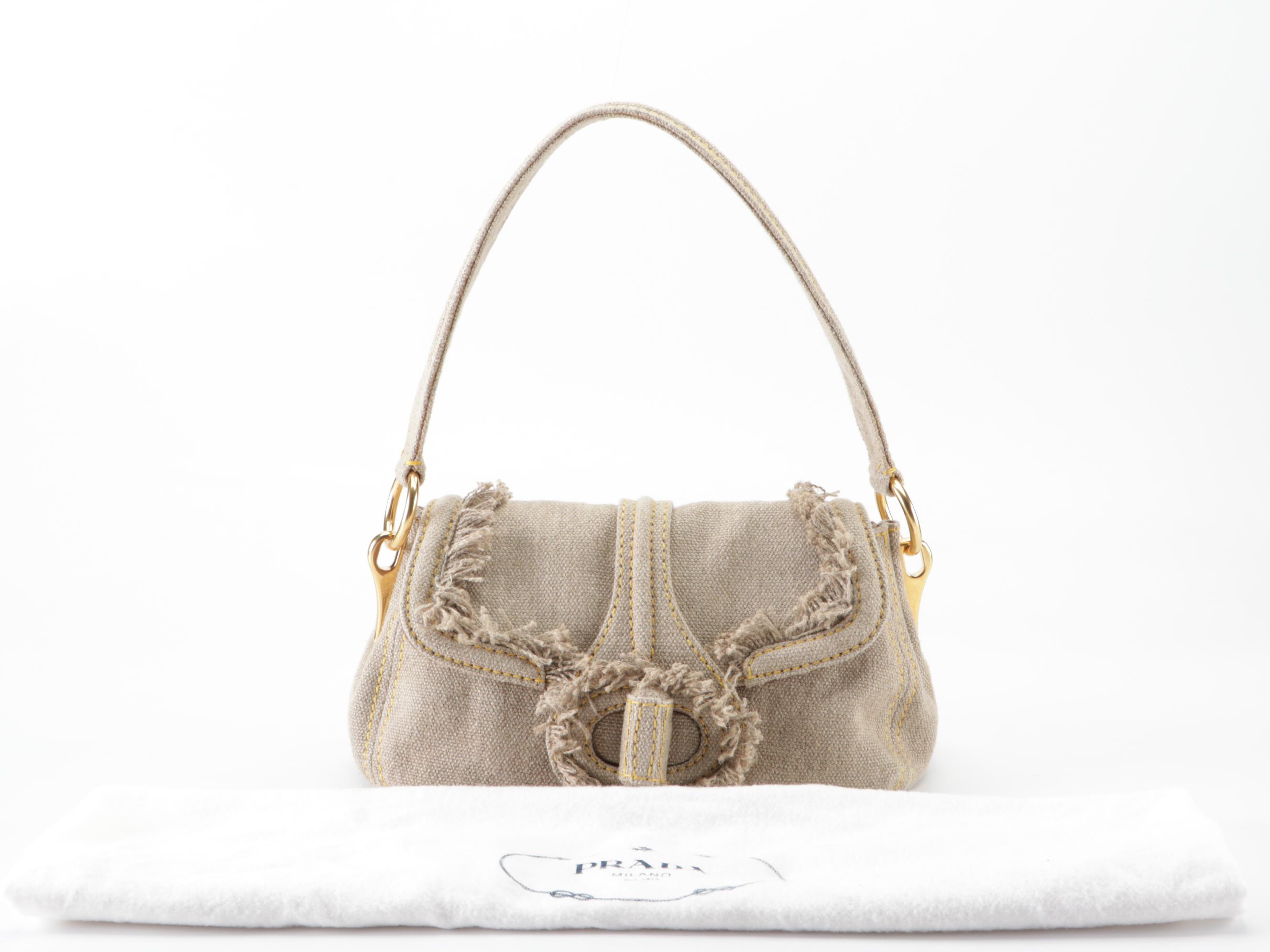 Prada Medium Flap Shoulder Bag in Fringed Linen Canvas