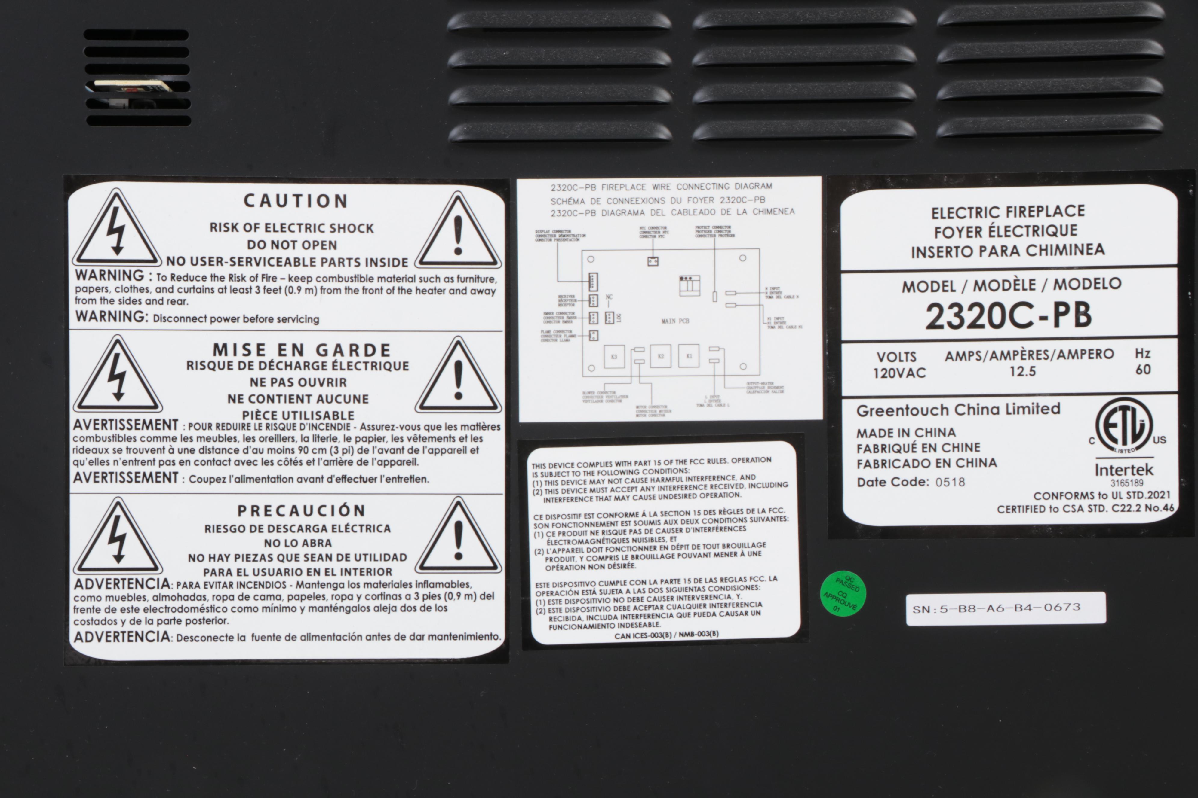 Greentouch "Model 2320C-PB" Rolling Electric Fireplace