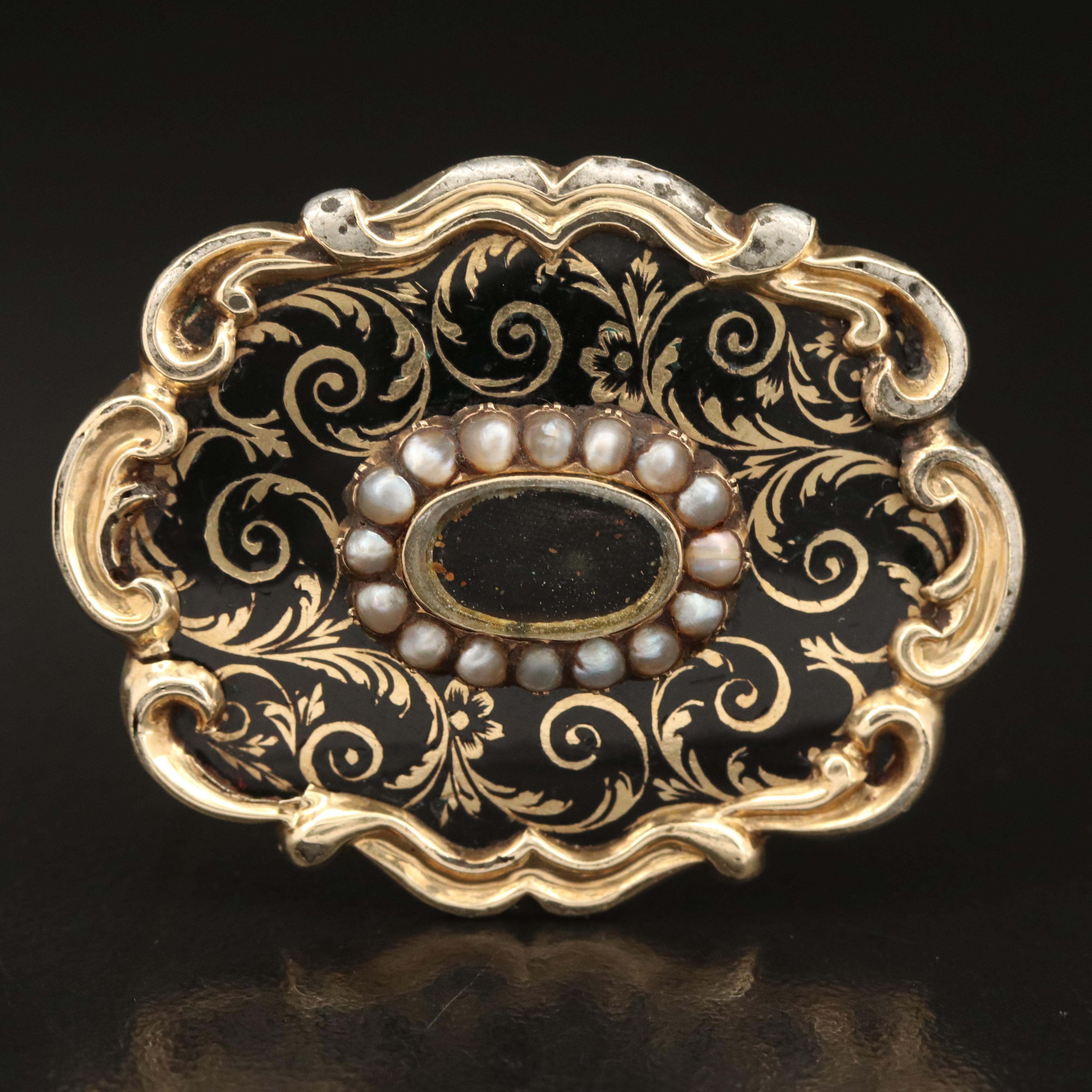 Victorian Pearl and Enamel Mourning Hair Brooch