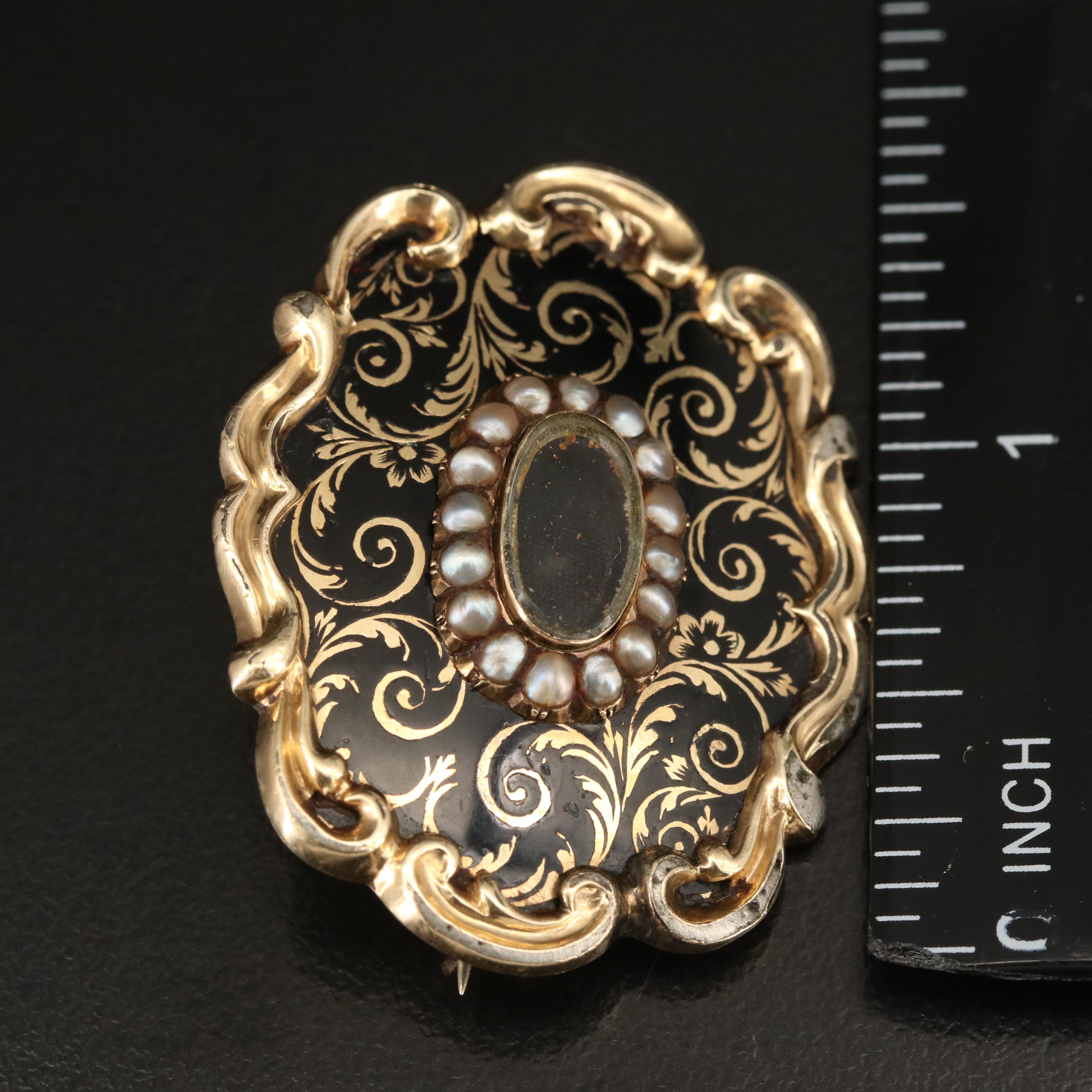 Victorian Pearl and Enamel Mourning Hair Brooch