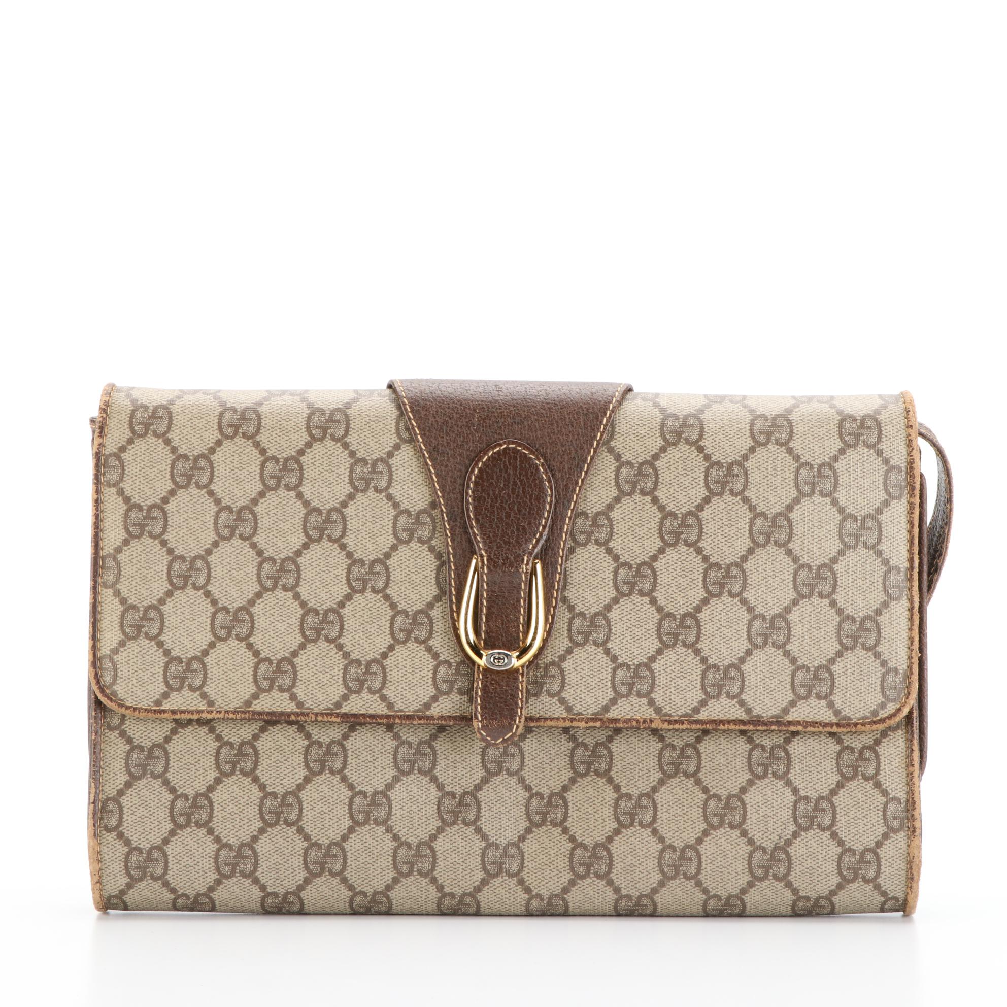 Gucci Medium Flap Slim Shoulder Bag in GG Supreme Canvas and Brown Leather