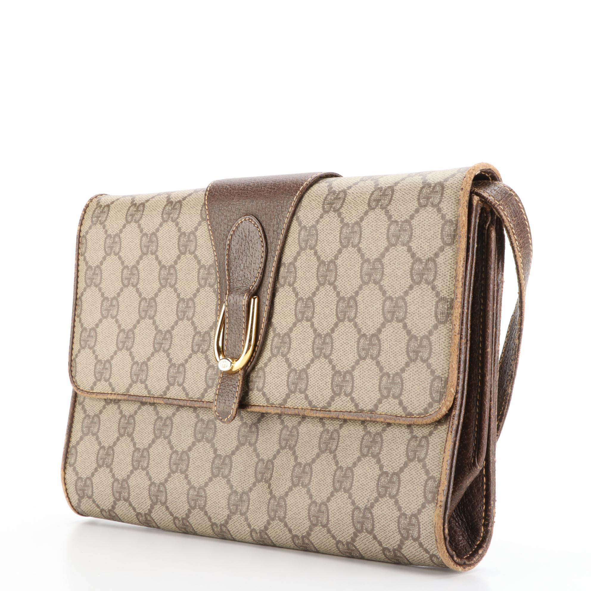 Gucci Medium Flap Slim Shoulder Bag in GG Supreme Canvas and Brown Leather
