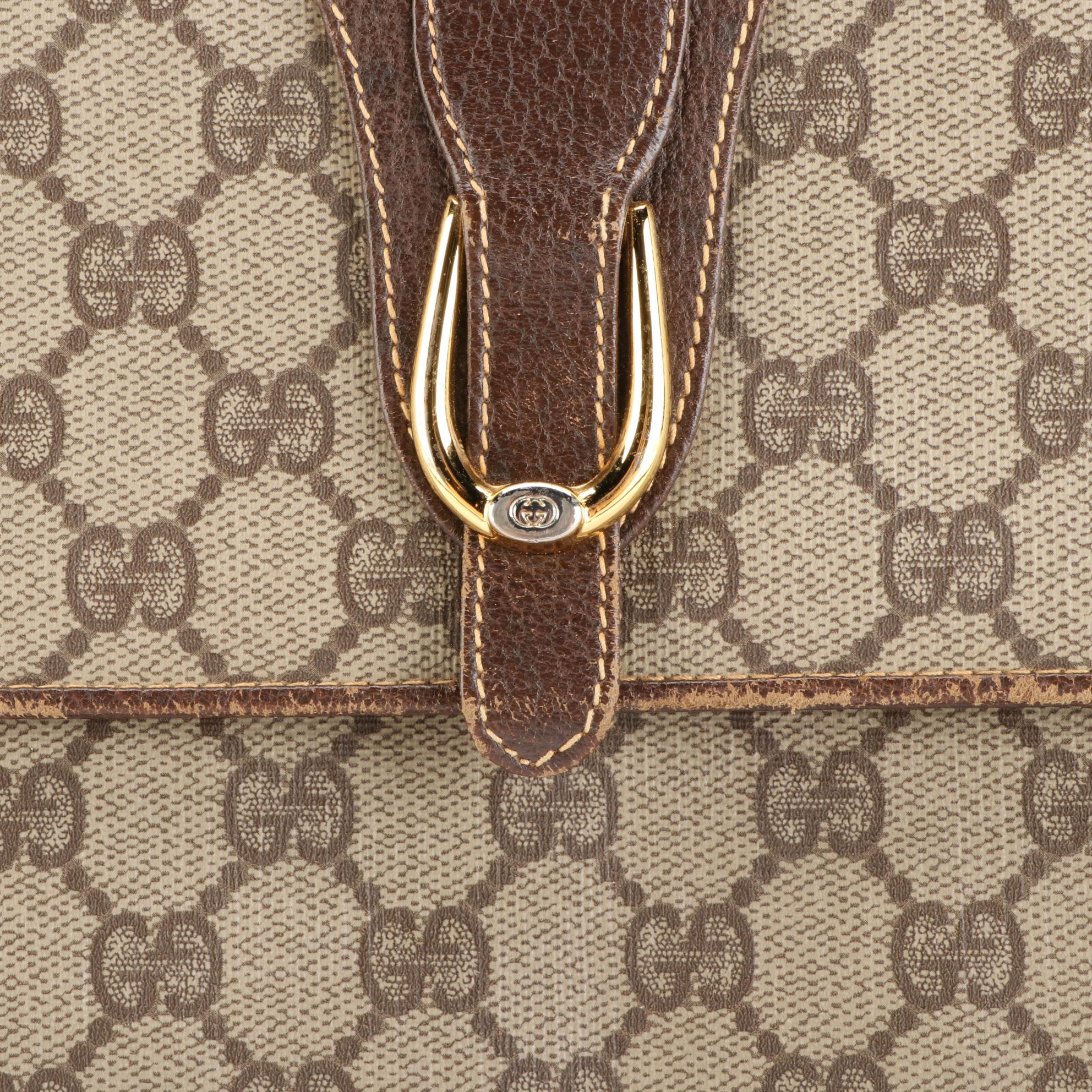 Gucci Medium Flap Slim Shoulder Bag in GG Supreme Canvas and Brown Leather