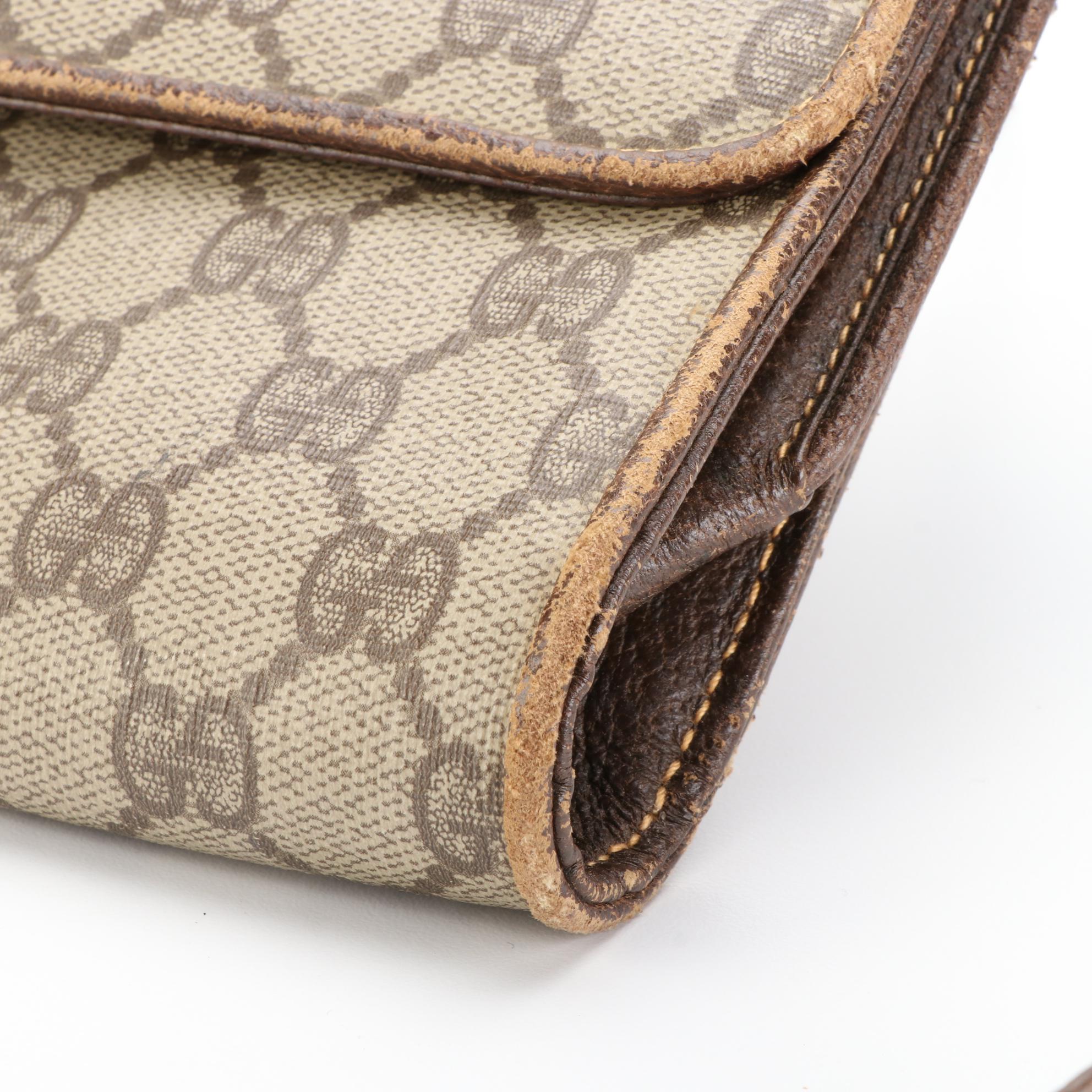 Gucci Medium Flap Slim Shoulder Bag in GG Supreme Canvas and Brown Leather