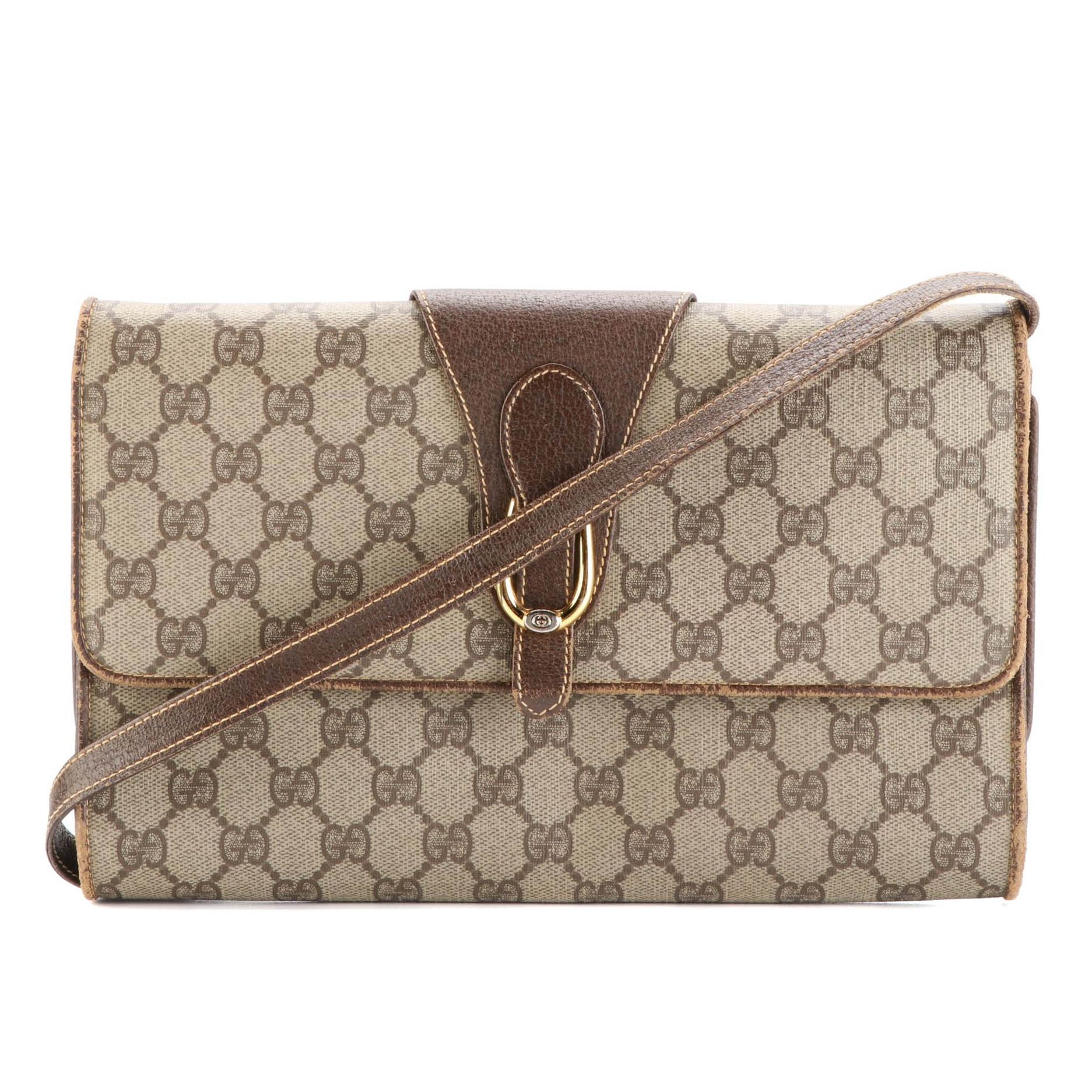Gucci Medium Flap Slim Shoulder Bag in GG Supreme Canvas and Brown Leather