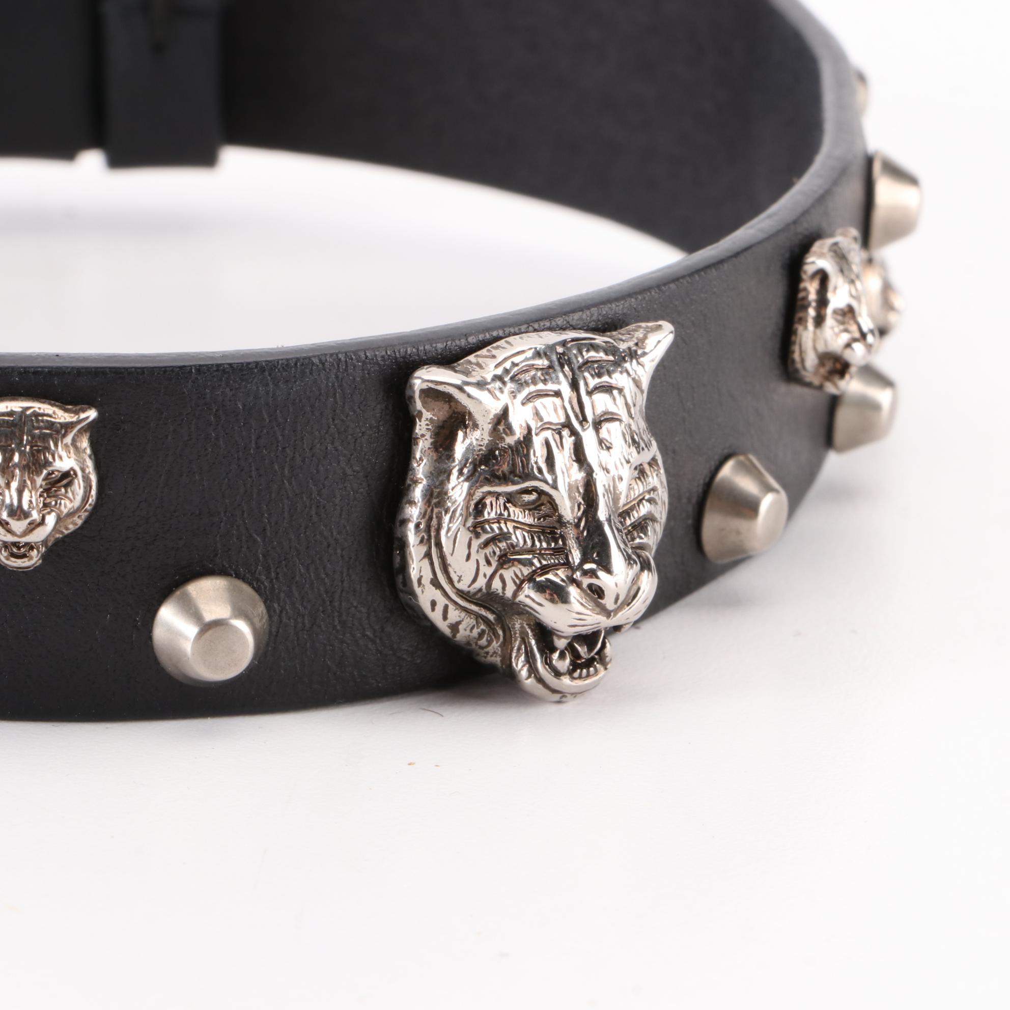 Gucci Feline Tiger Head Choker Collar in Studded Black Leather