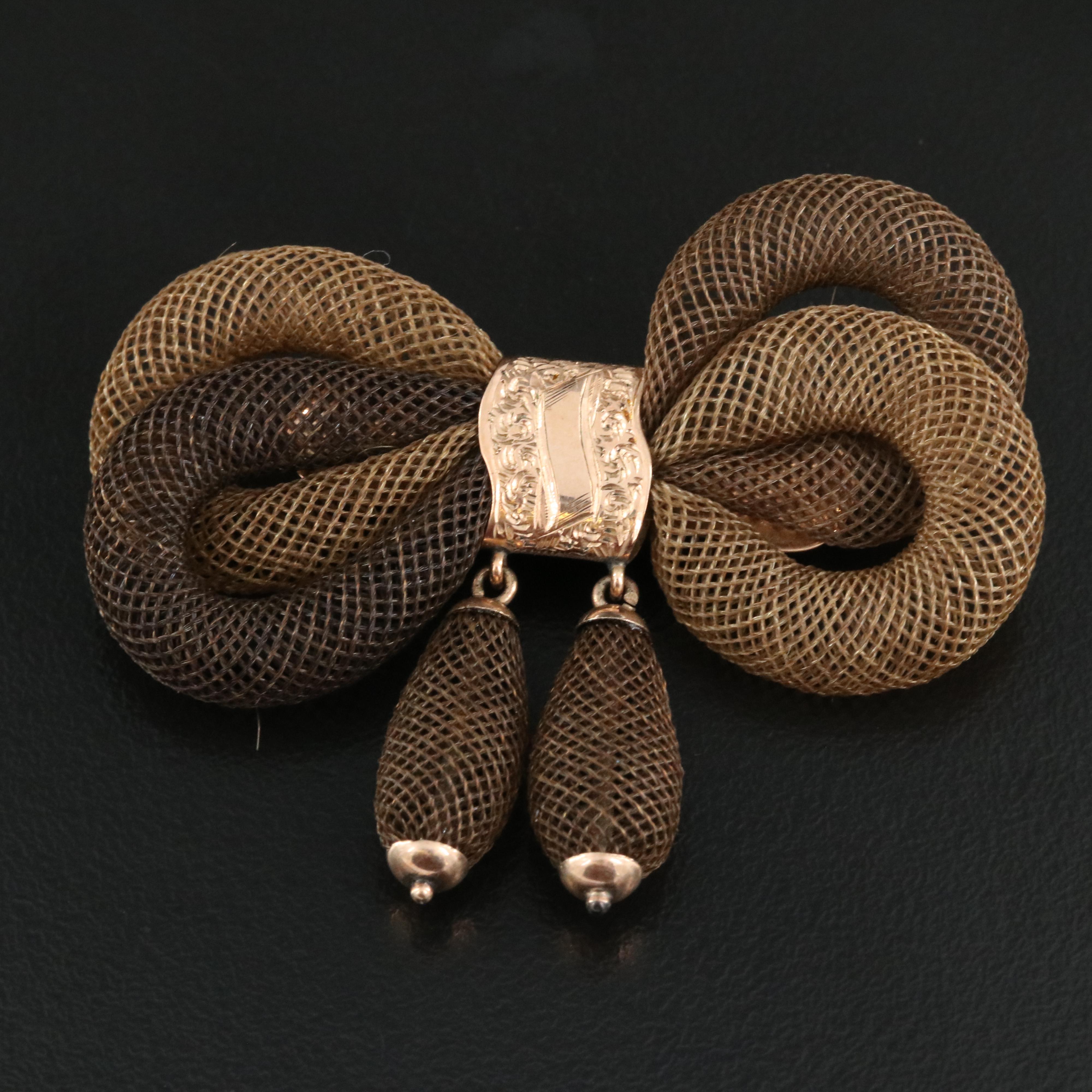 Victorian 10K Woven Hair Mourning Bow Brooch