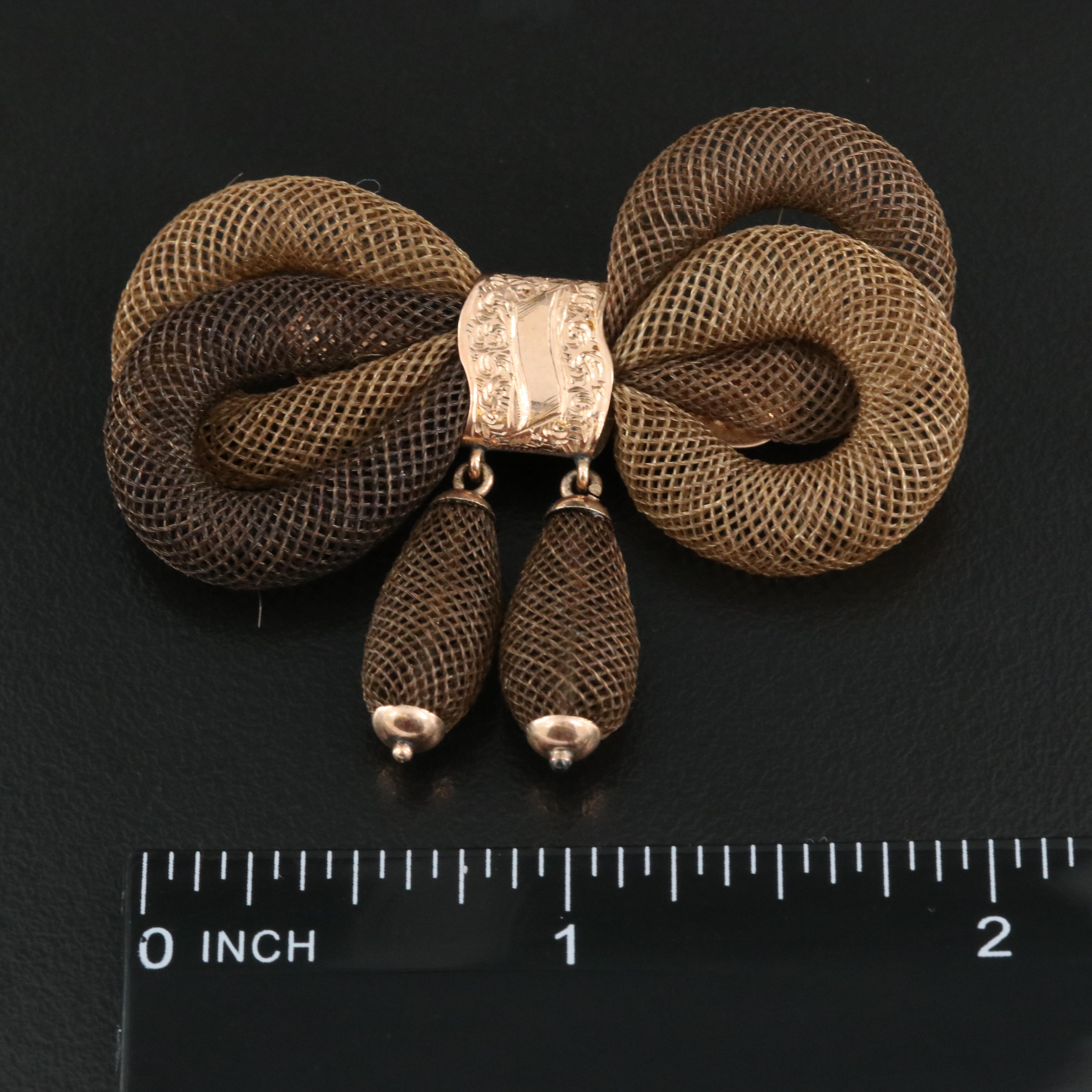 Victorian 10K Woven Hair Mourning Bow Brooch