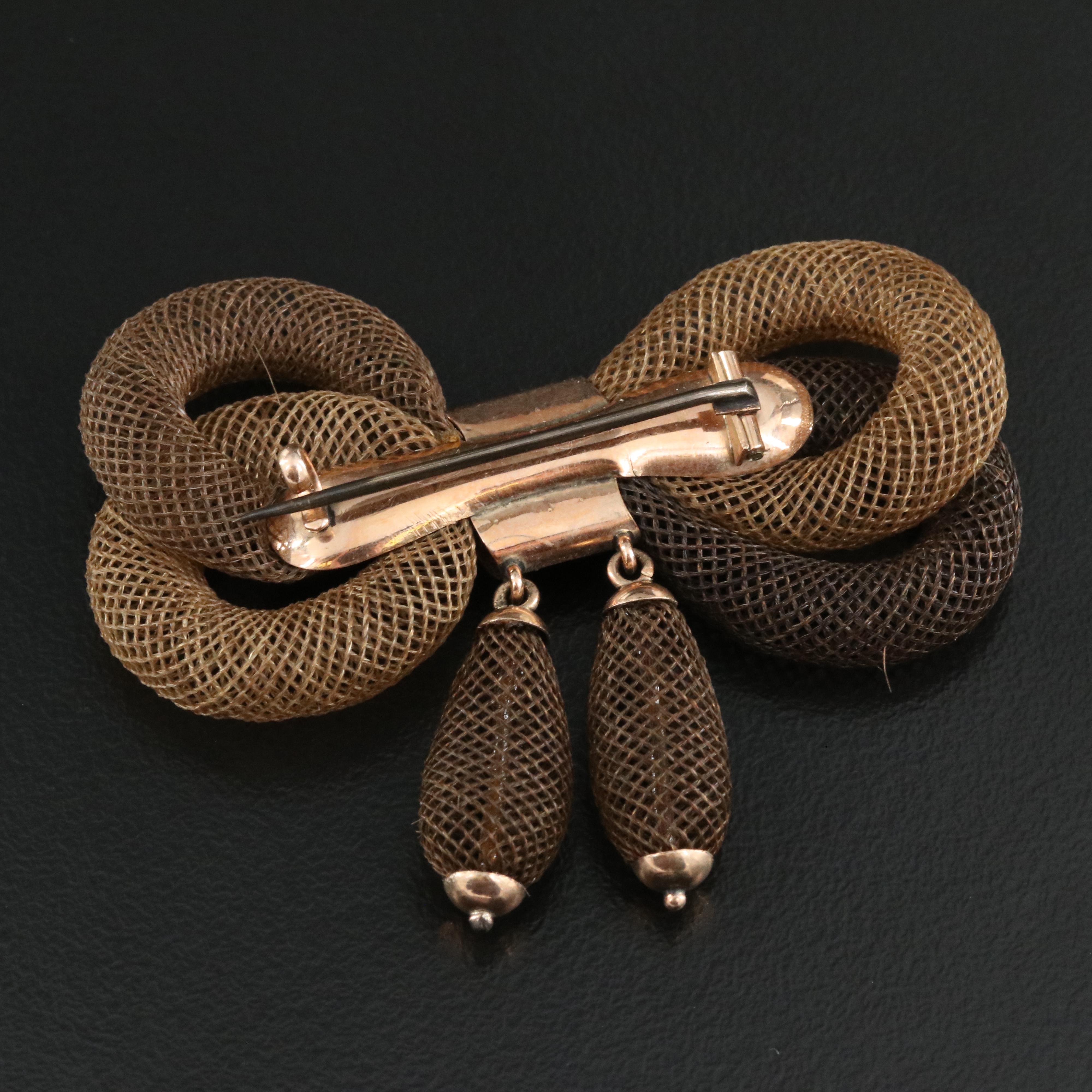 Victorian 10K Woven Hair Mourning Bow Brooch