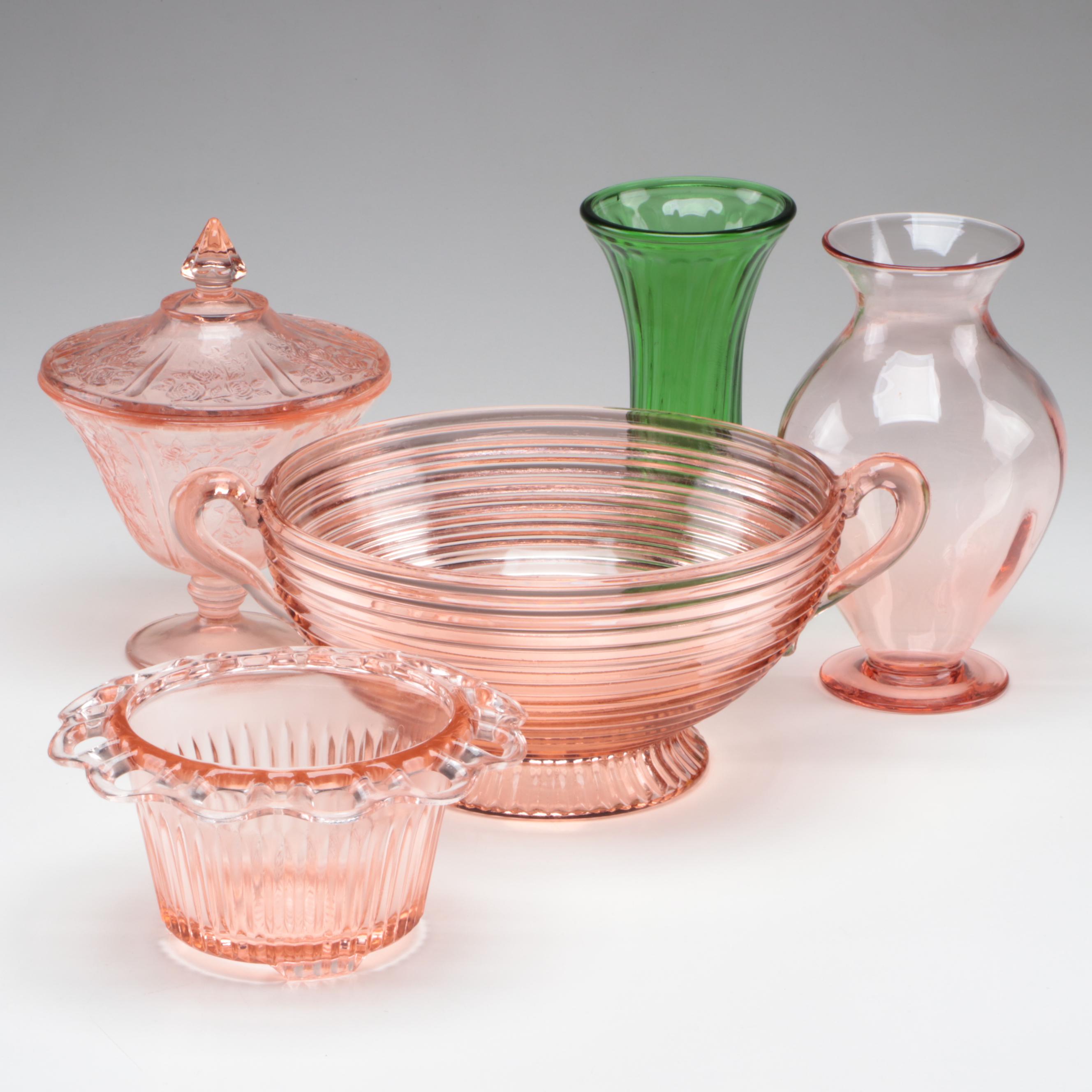 Anchor Hocking "Manhattan Pink" Fruit Serving Bowl and Other Depression Glass
