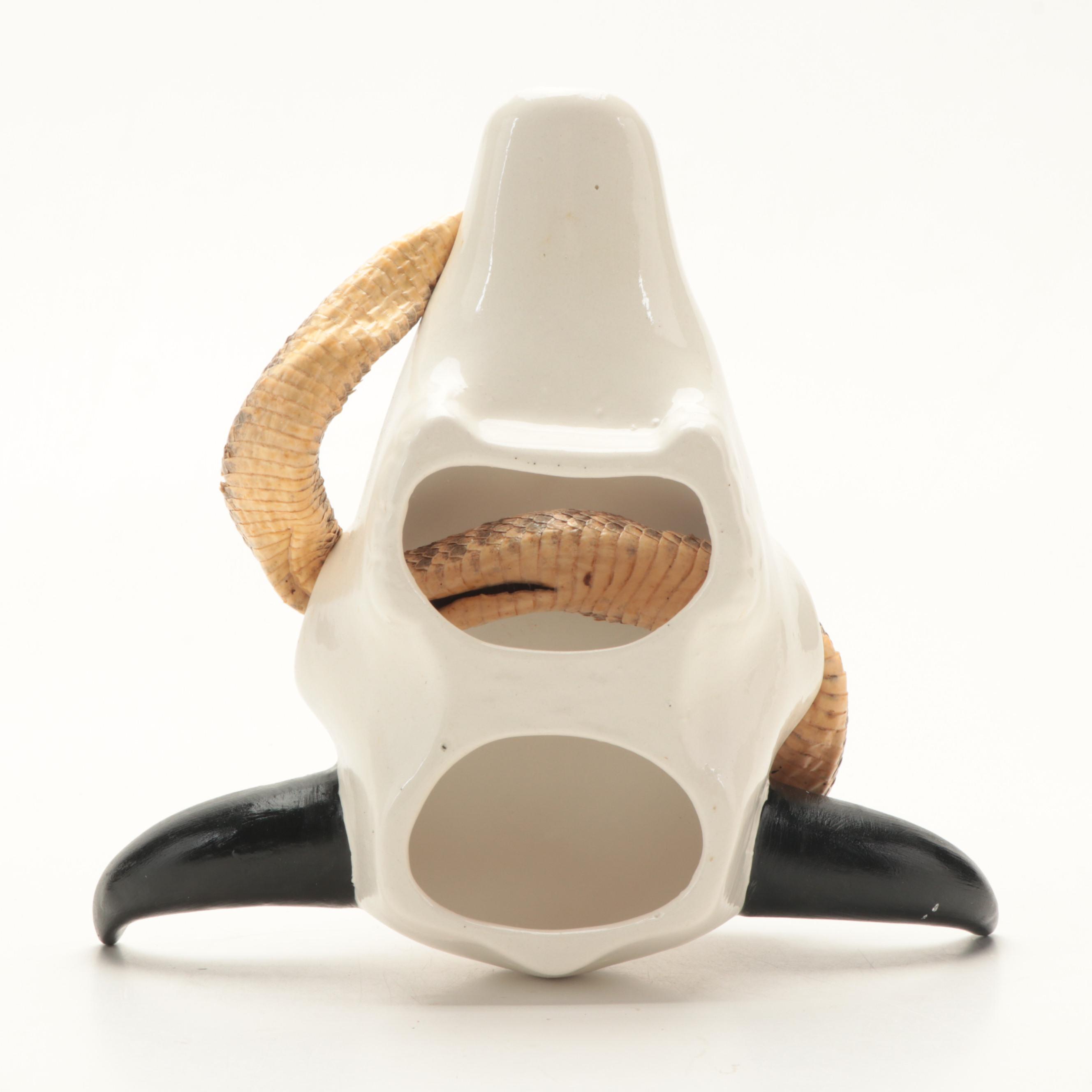 Western Diamondback Rattlesnake Full Body Mount in Ceramic Cow Skull