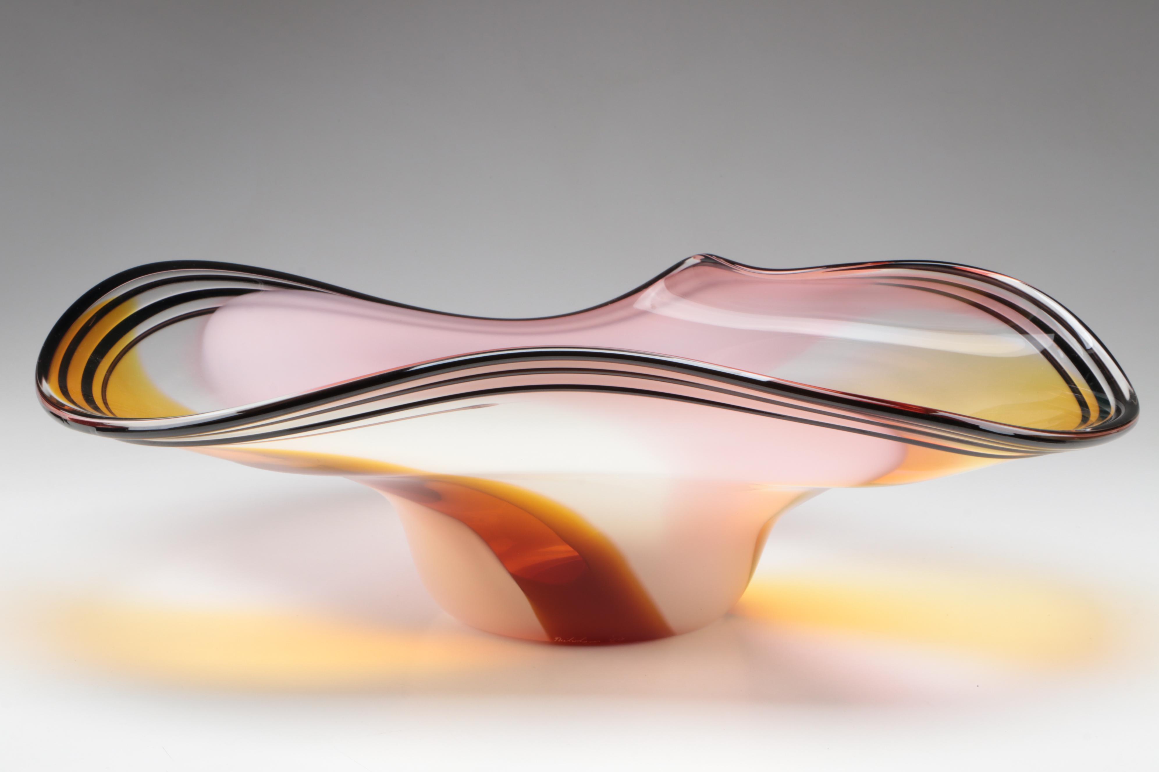 Nicholson Blown Multicolor Studio Art Glass Freeform Point Break Wave Bowl, 1999