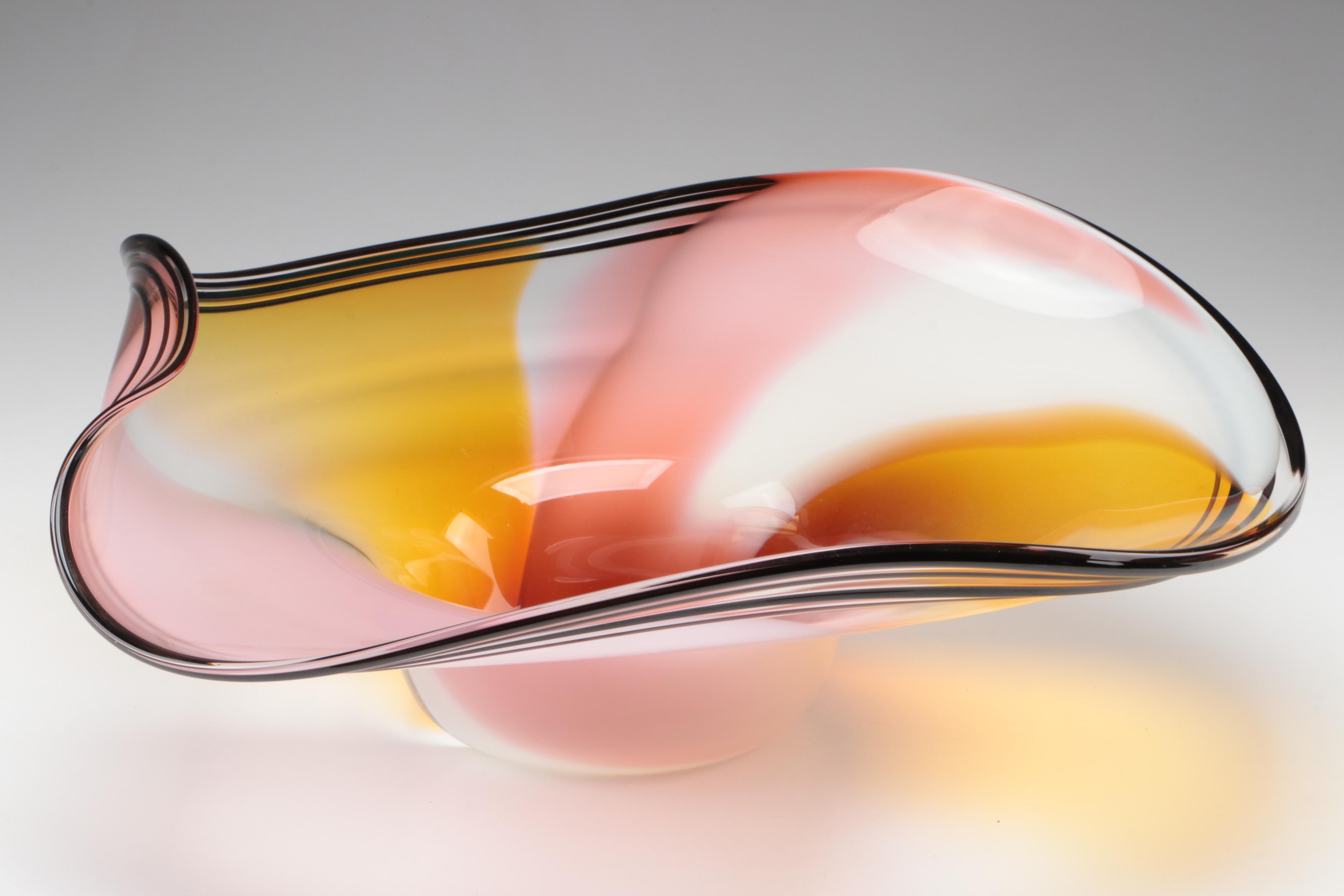 Nicholson Blown Multicolor Studio Art Glass Freeform Point Break Wave Bowl, 1999