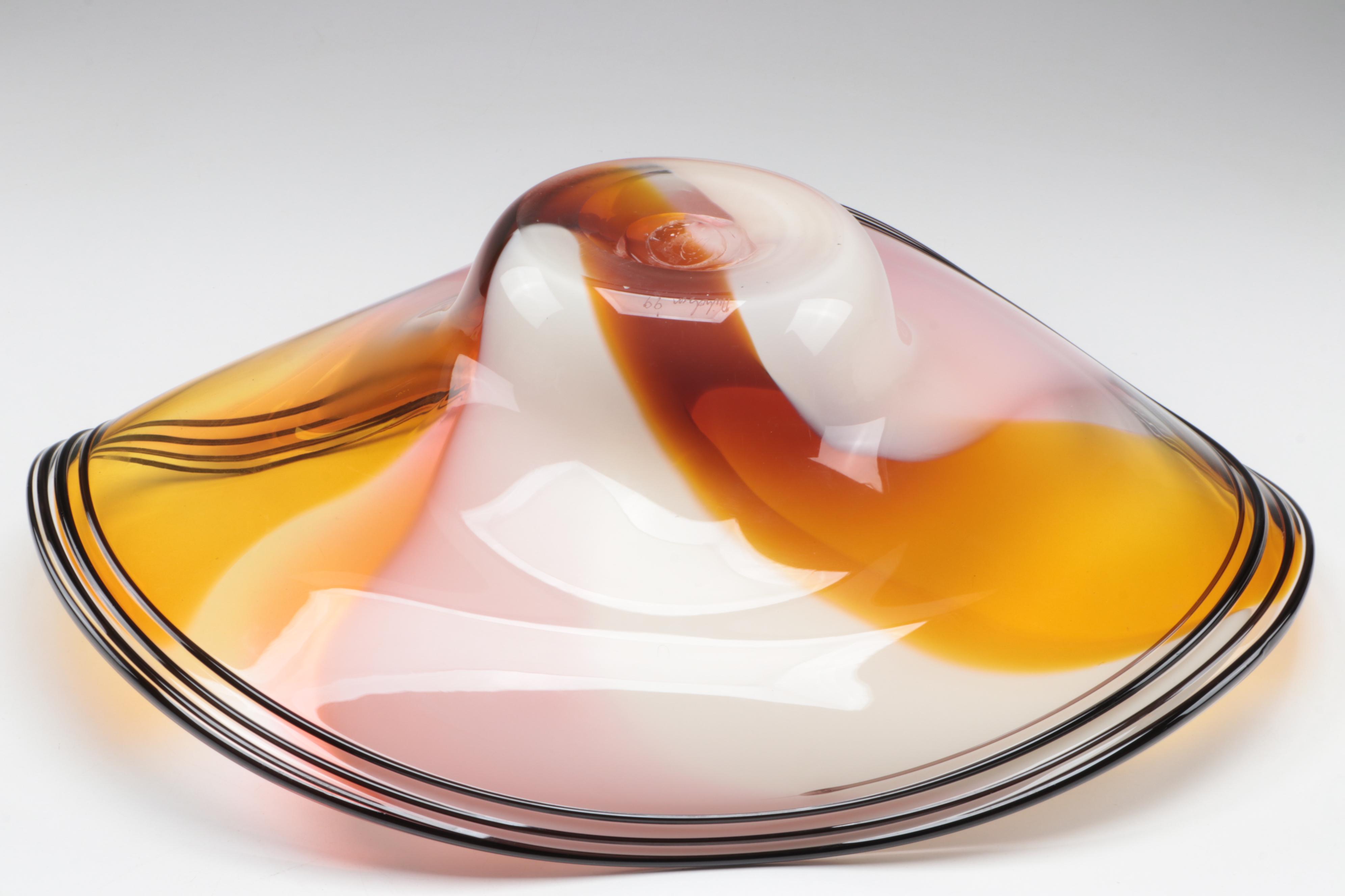 Nicholson Blown Multicolor Studio Art Glass Freeform Point Break Wave Bowl, 1999