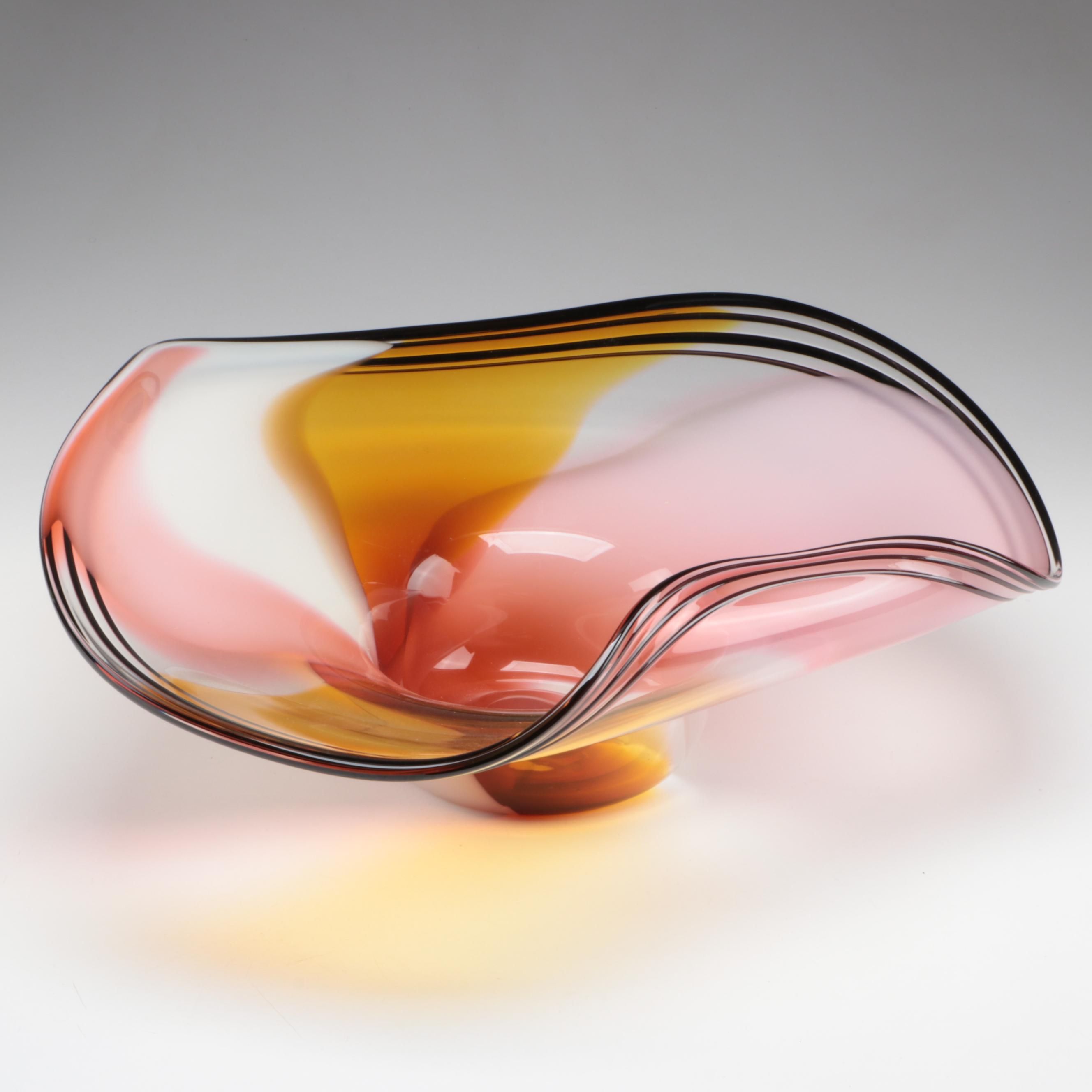 Nicholson Blown Multicolor Studio Art Glass Freeform Point Break Wave Bowl, 1999