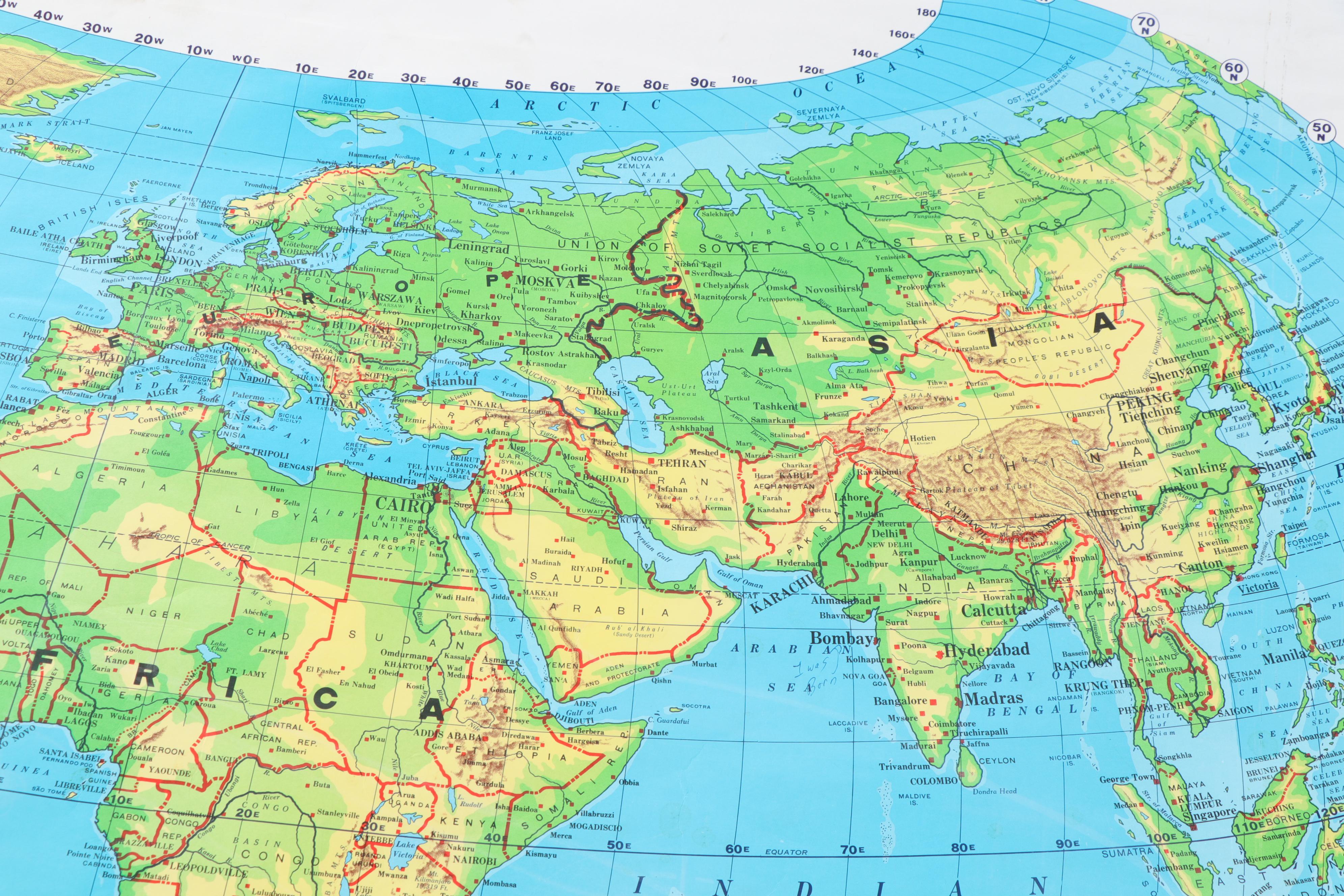 Cram's Physical-Political Map of the World Classroom Pull Down Map, Mid-20th C.