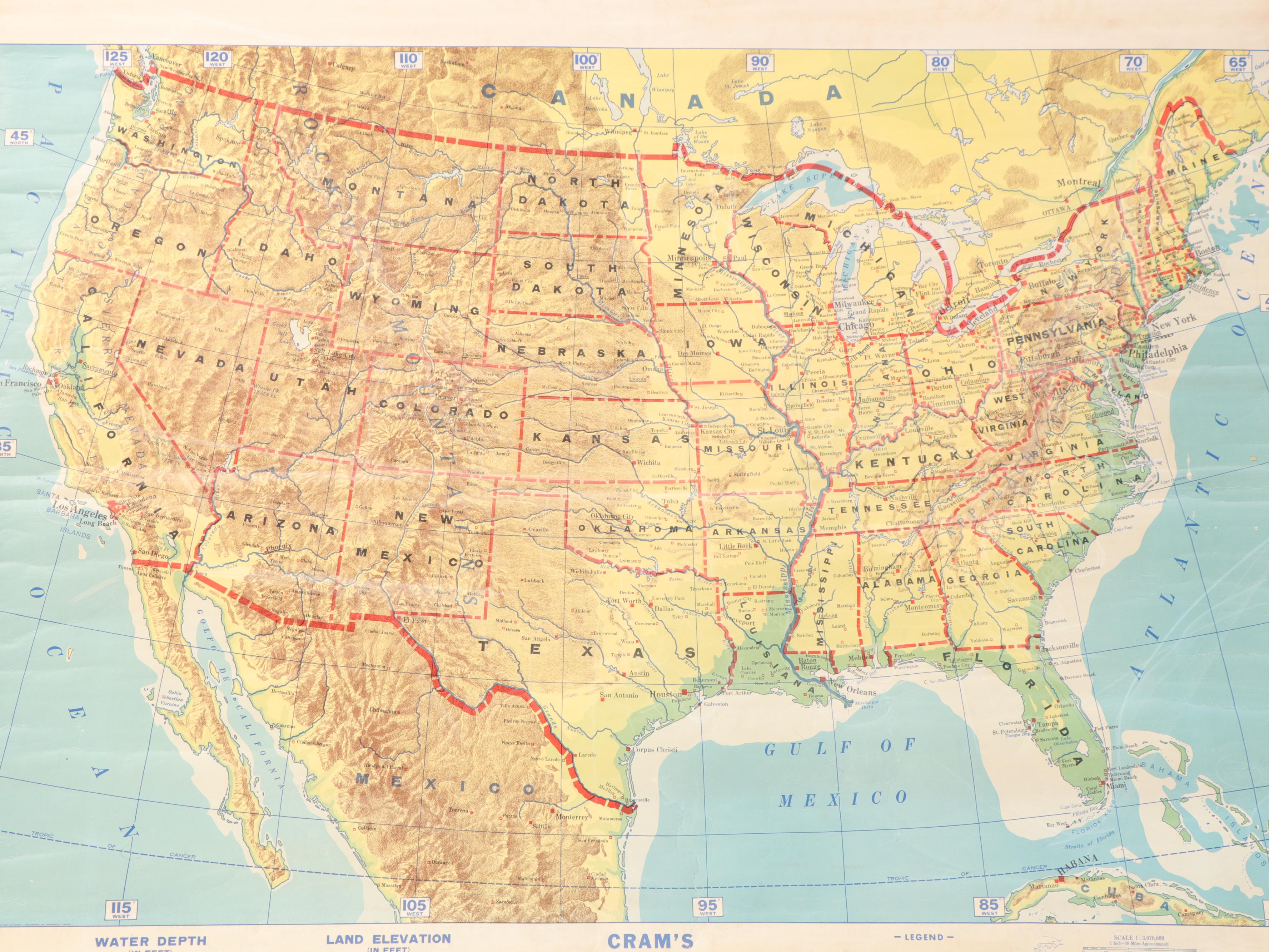 Cram's Physical-Political Map of the United States Classroom Pull Down Map